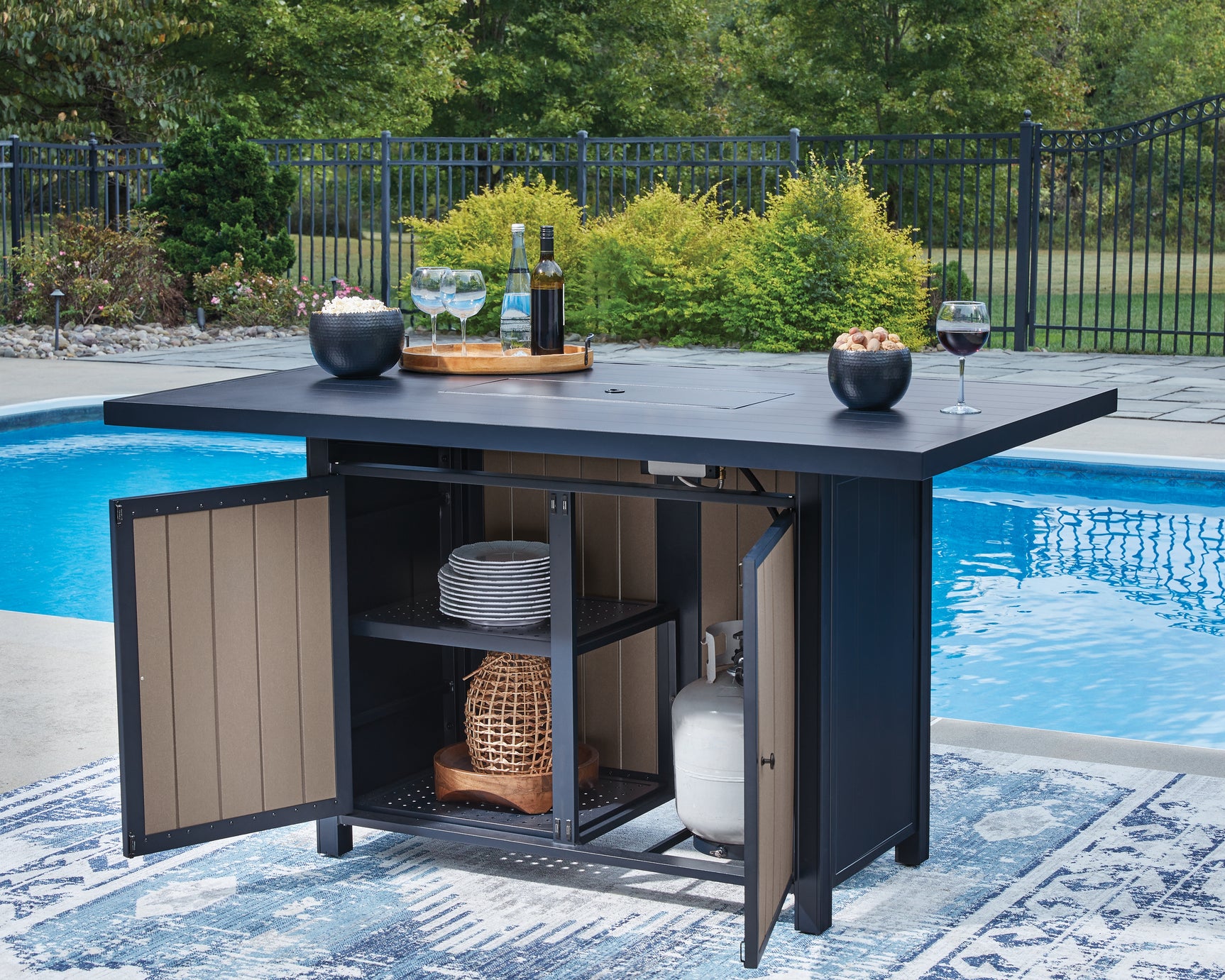 East Navy Blue/Driftwood Beach Outdoor Fire Pit Table and 6 Barstools
