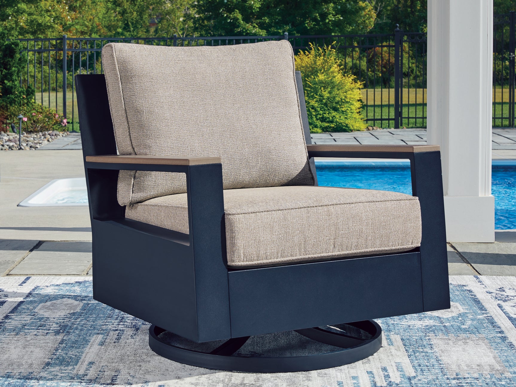 East Beach Navy Blue/Driftwood Outdoor Swivel Glider Chair with Cushion