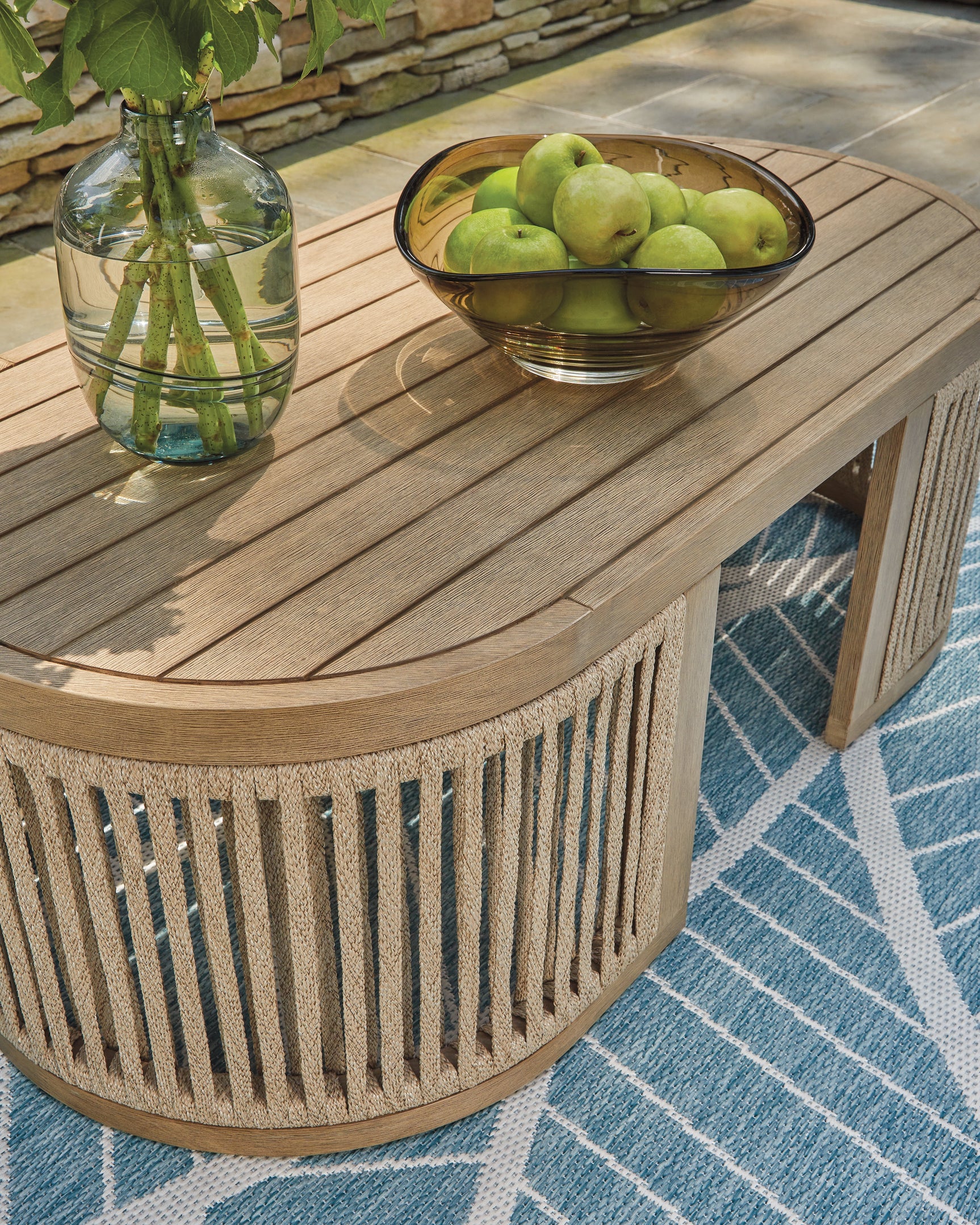 Serena Beige/Green Shores Outdoor Sofa and 2 Chairs with Coffee Table