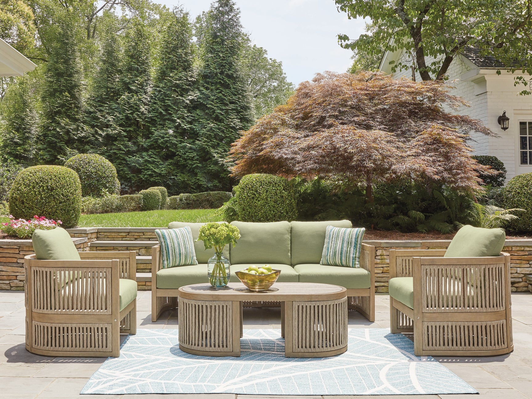 Serena Beige/Green Shores Outdoor Sofa and 2 Chairs with Coffee Table