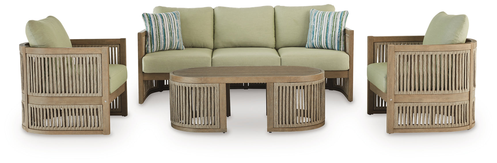 Serena Beige/Green Shores Outdoor Sofa and 2 Chairs with Coffee Table