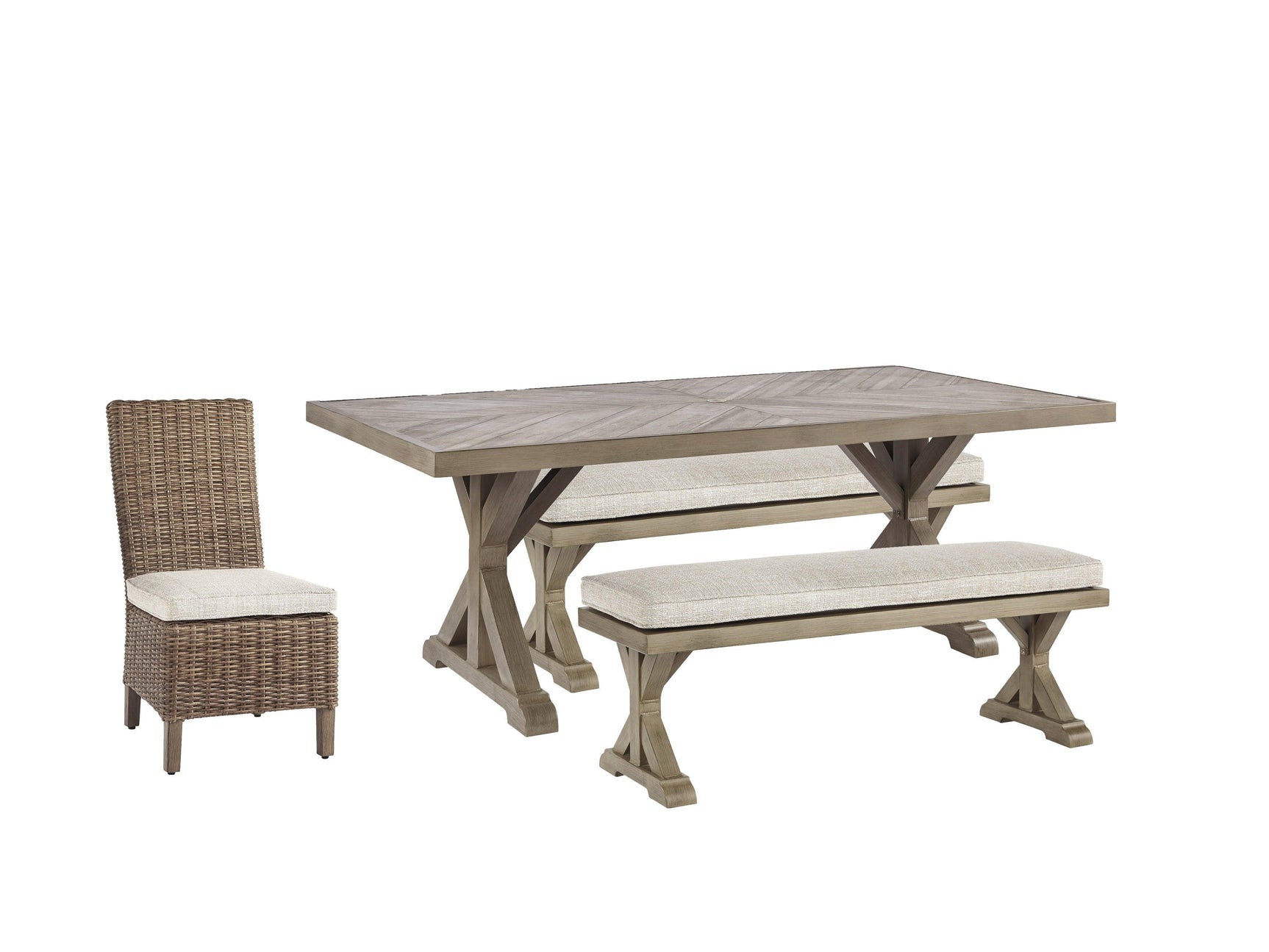 Beachcroft Beige Outdoor Dining Table And 4 Chairs Bench