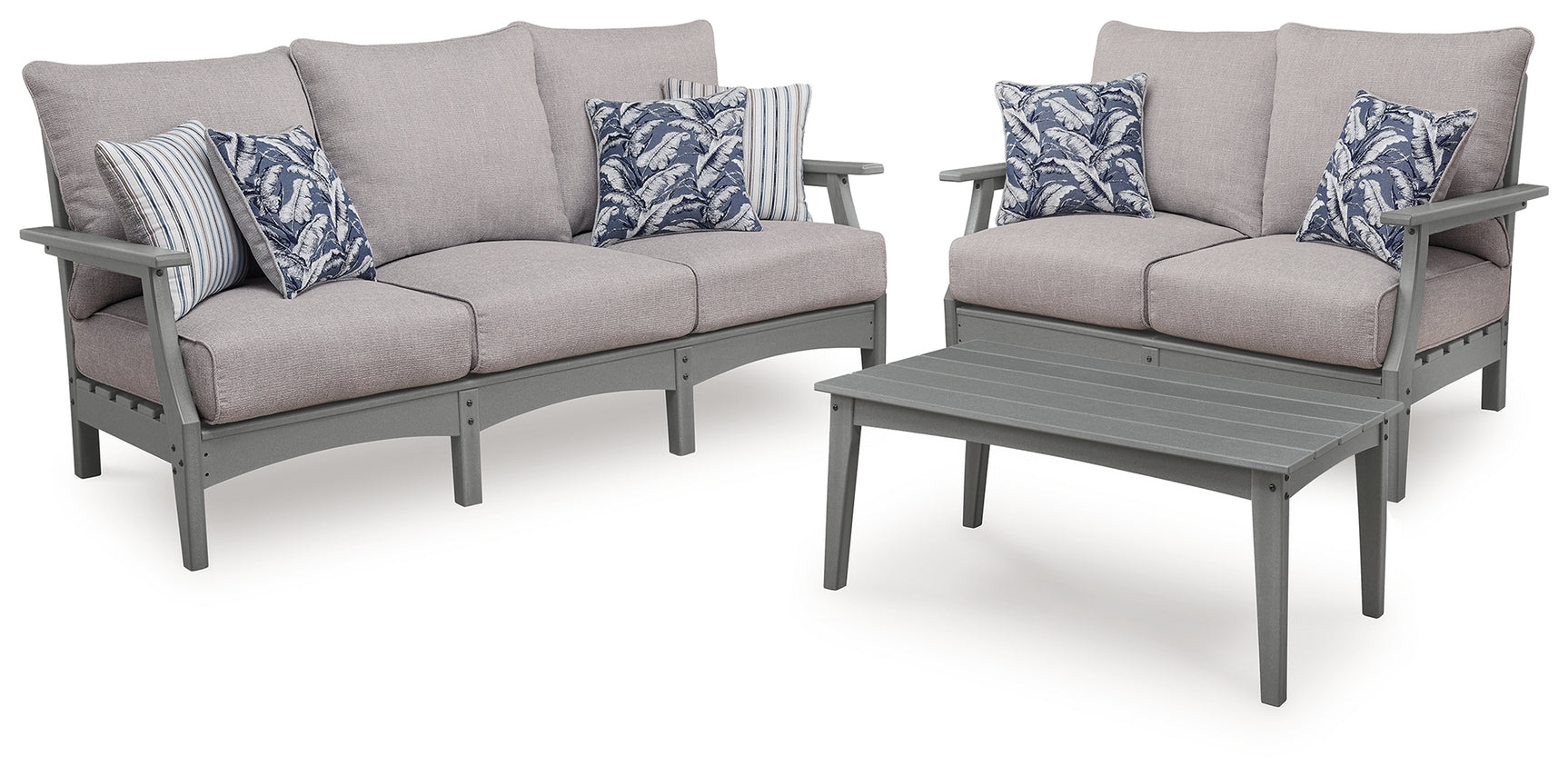Cove Gray Beach Outdoor Sofa and Loveseat with Coffee Table
