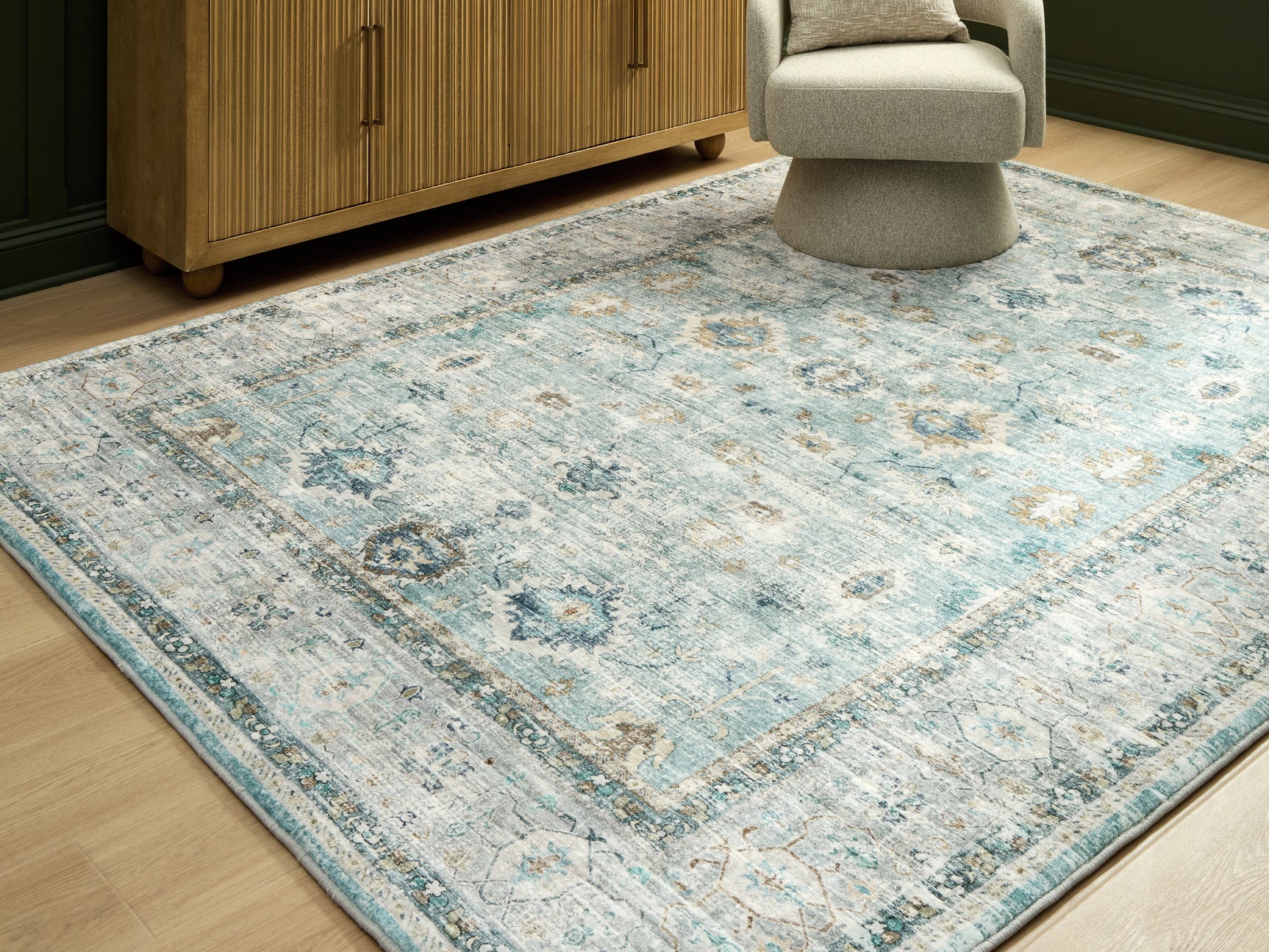 Ladstoney Teal/Beige/Ochre 7'6" X 9'6" Memory Foam Area Rug
