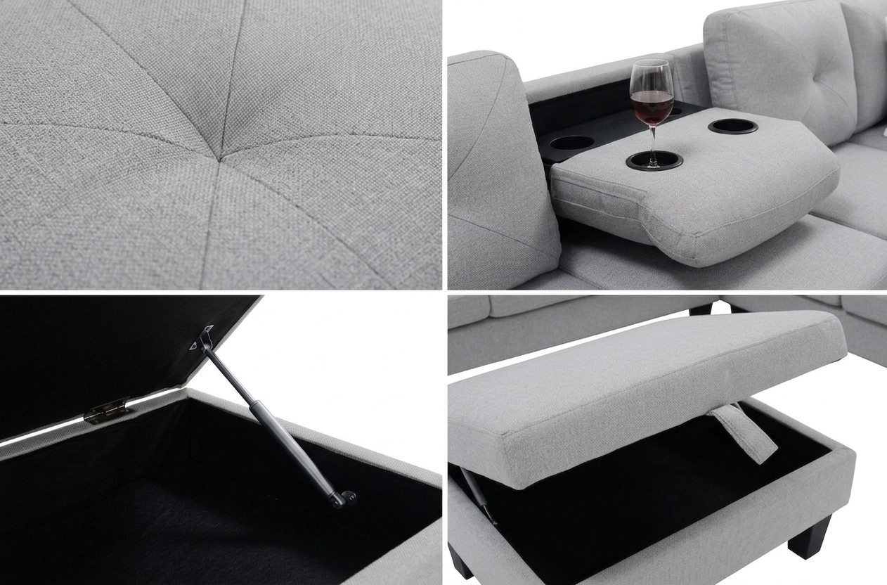 Star Light Grey Fabric Sectional with Storage Ottoman and Drop-Down Table view 2