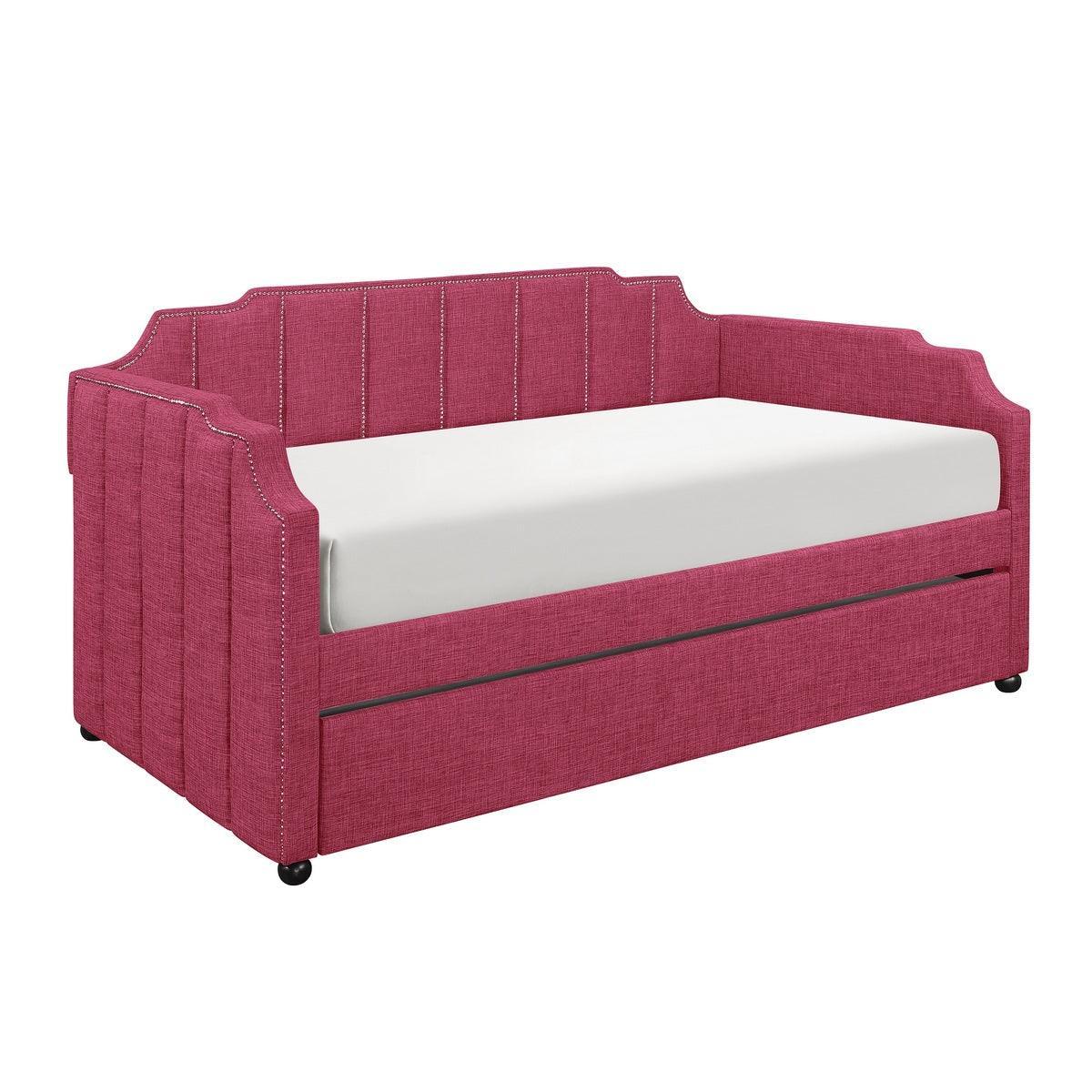 Pink Modern Contemporary Solid Wood Metal Fabric Upholstery Trundle YouthDayBed - Ella Furniture