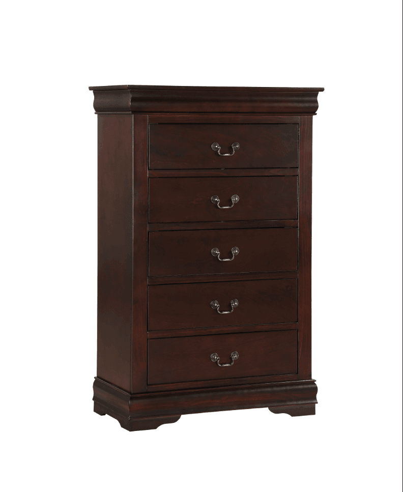 Louis Philip Chest Cherry, Sleek And Modern Wood And Veneers, Pewter Bail 5 Drawers - Ella Furniture