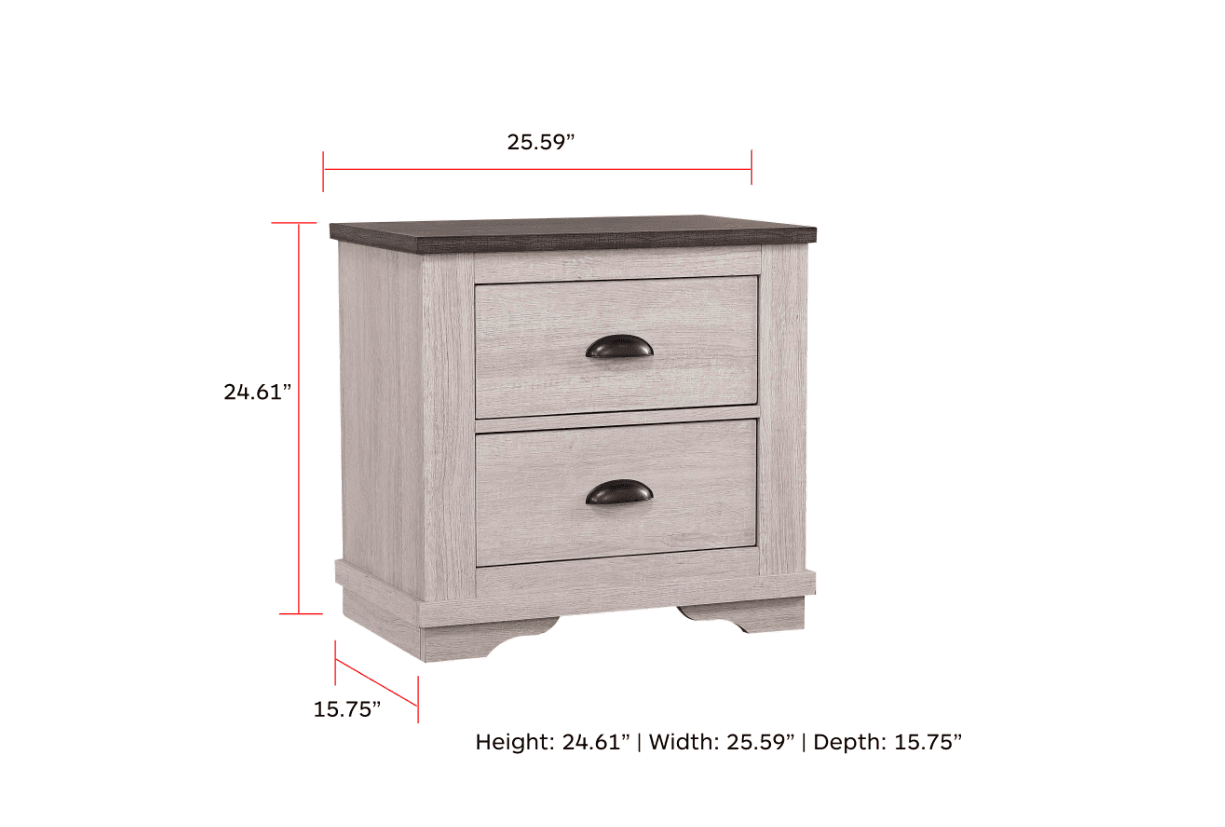 Coralee Night Stand Chalk/Grey, Transitional Modern And Sleek Wood, Metal 2 Drawers - Ella Furniture