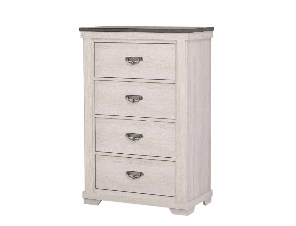 Leighton Chest Cream/Brown, Classic And Modern Wood, Pewter Bail 4 Drawers - Ella Furniture