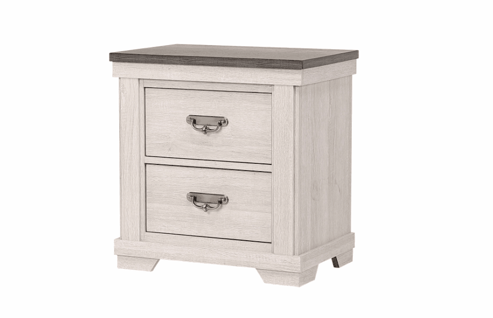 Leighton Night Stand Cream/Brown, Traditional Classic Wood, Pewter Bail 2 Drawers - Ella Furniture