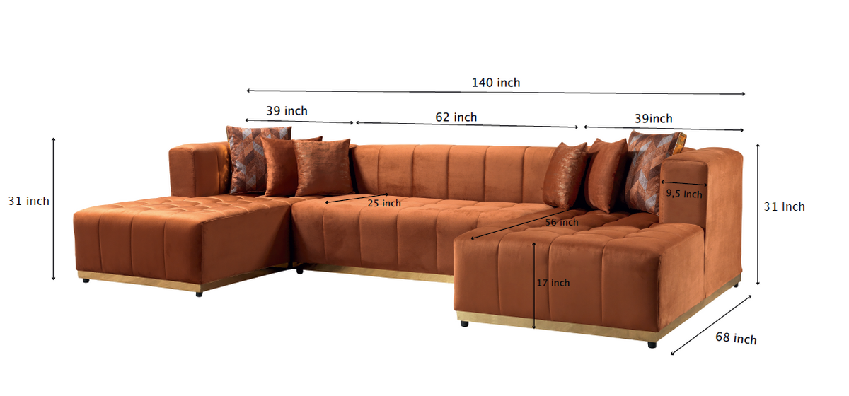 Amelia Orange Velvet Double Chaise 140" Sectional