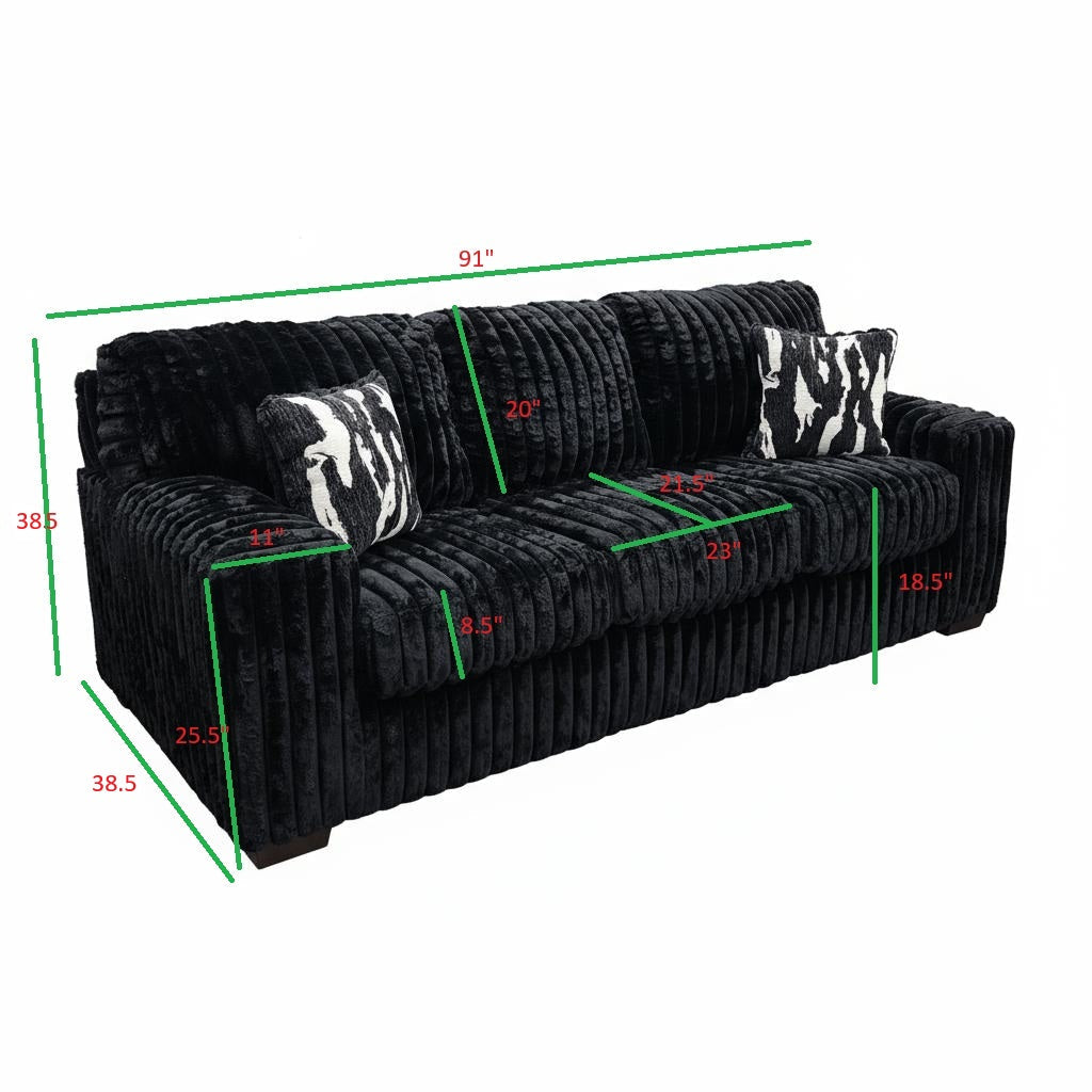 Austin Black Corduroy Sofa and Loveseat Set with Accent Pillows view 6
