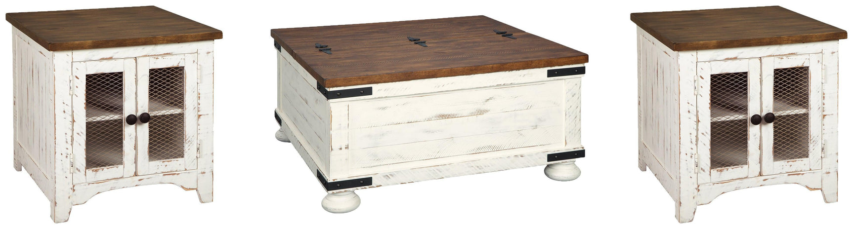 Wystfield 3-Piece Coffee Table Set with 2 End Tables in Distressed White and Brown
