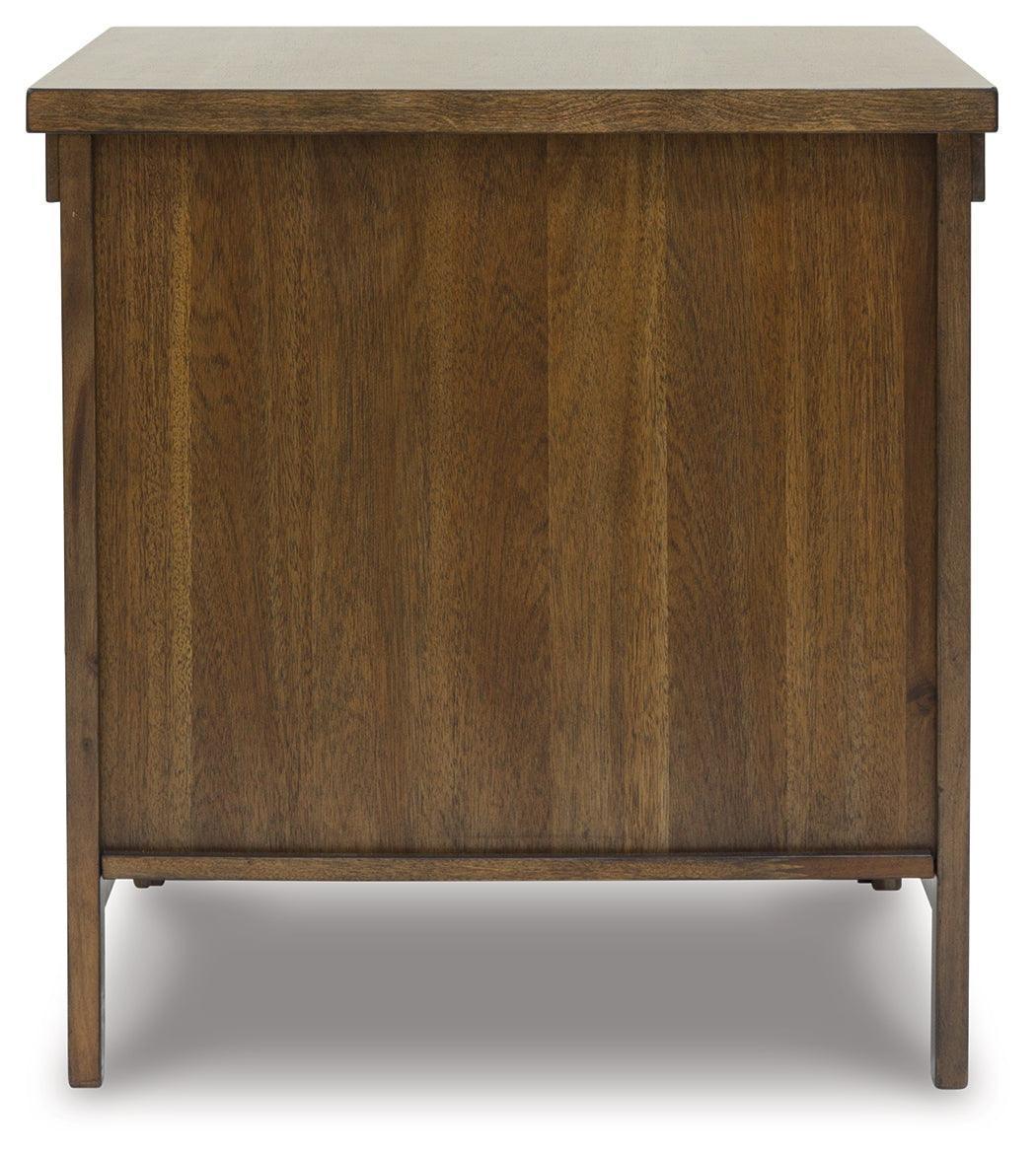 Moriville Grayish Brown End Table with Dual Cabinet Doors