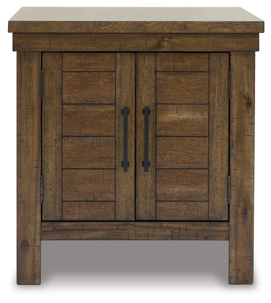 Moriville Grayish Brown End Table with Dual Cabinet Doors