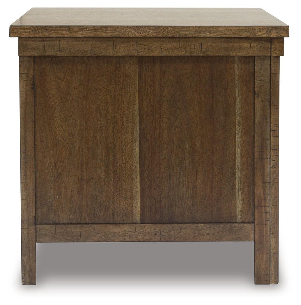 Moriville Grayish Brown End Table with Dual Cabinet Doors