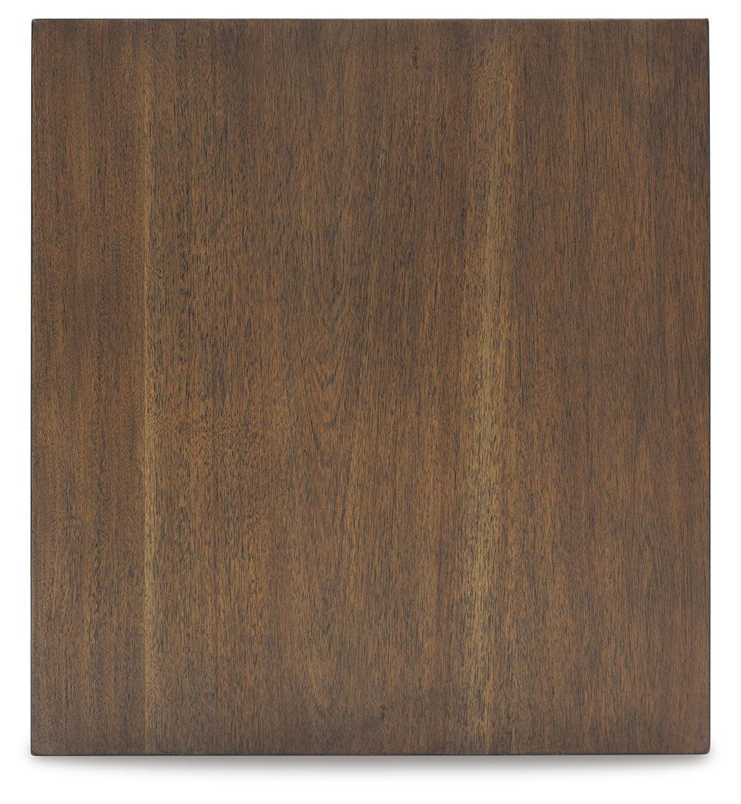 Moriville Grayish Brown End Table with Dual Cabinet Doors