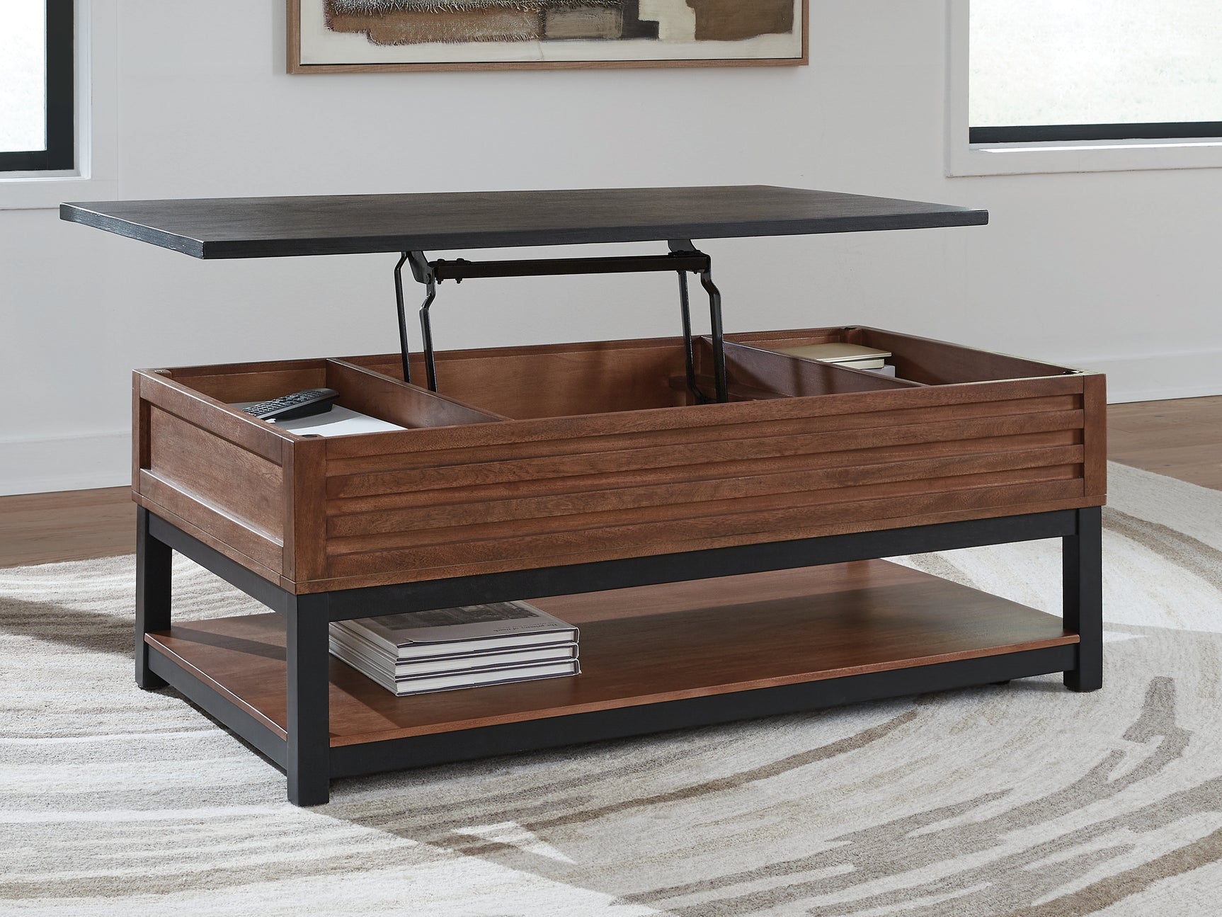Kallari Warm Brown/Black Lift-Top Coffee Table