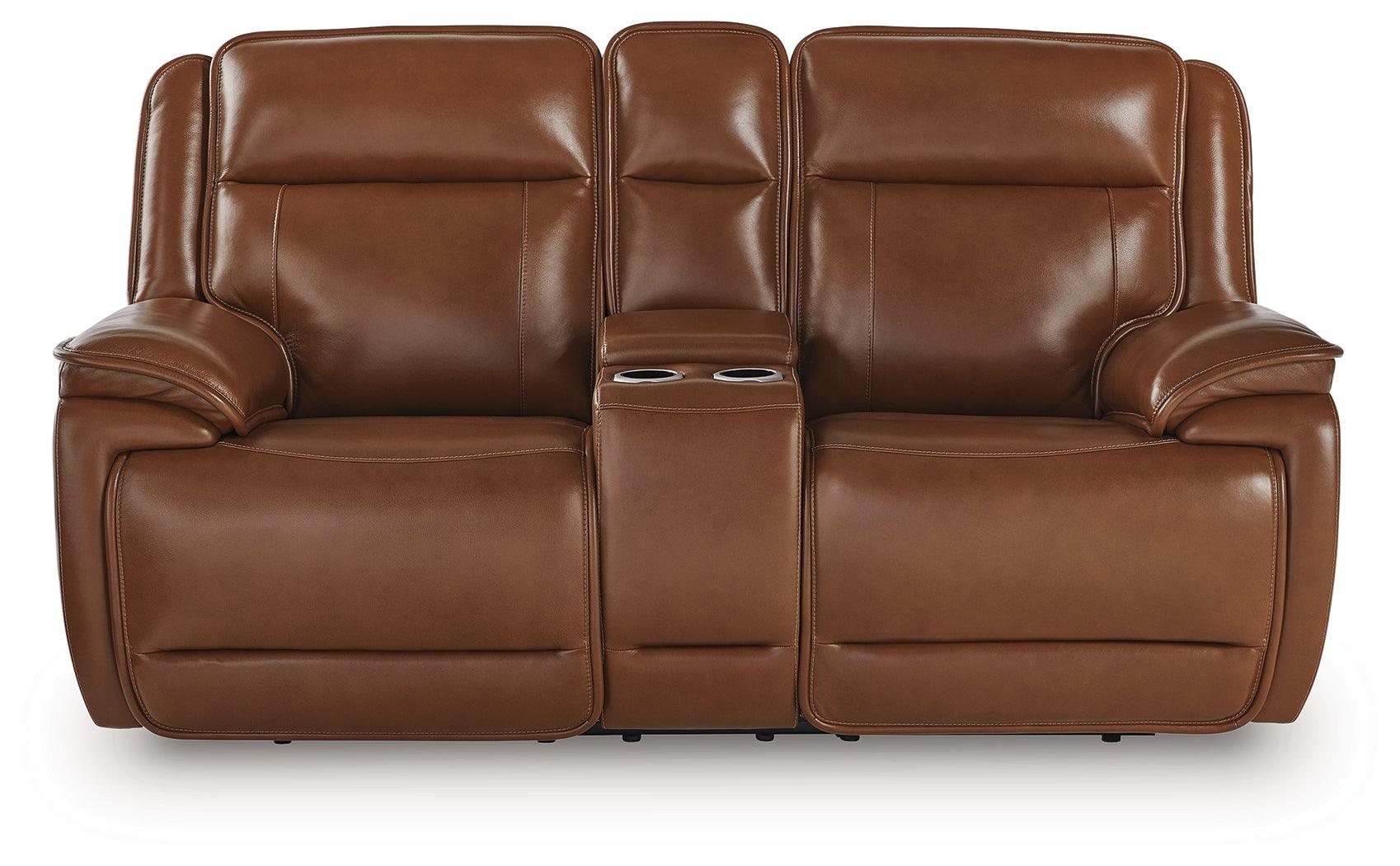 Healy Pier Chocolate Leather Power Reclining Loveseat with Console