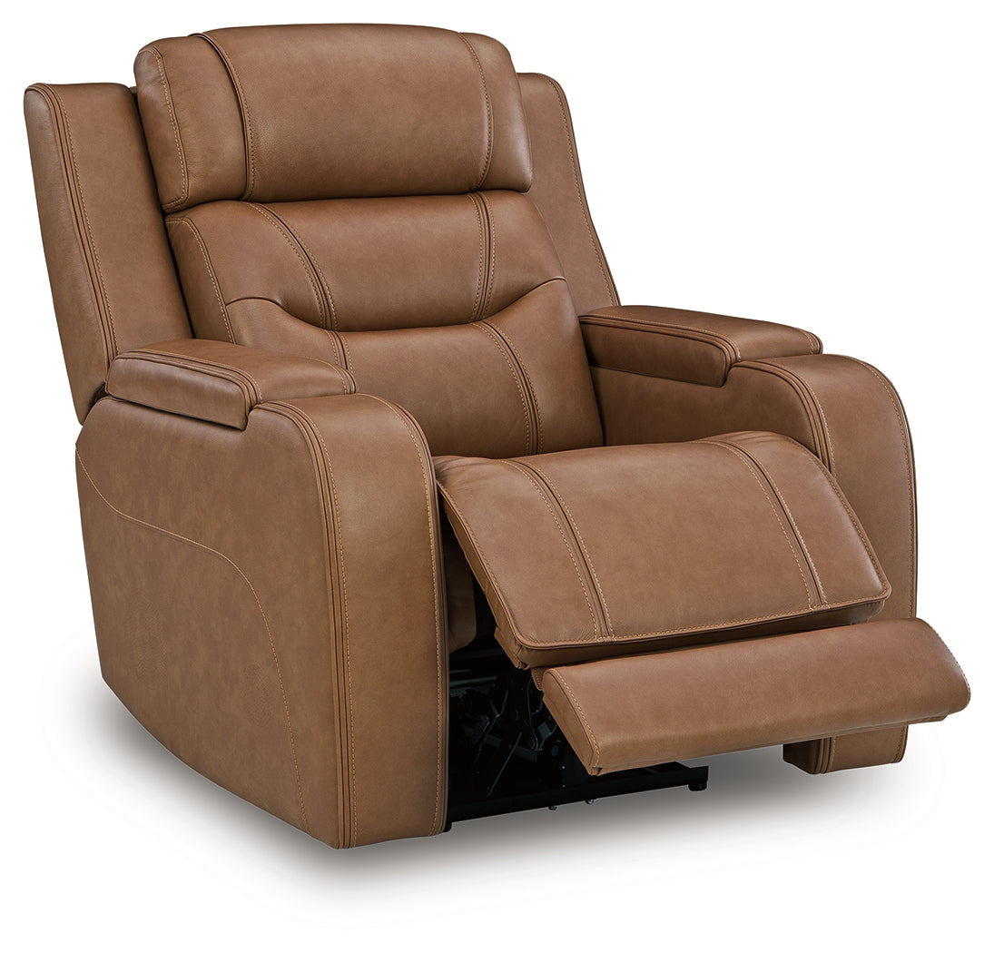 Knightington Caramel Leather Power Recliner with Audio Seating