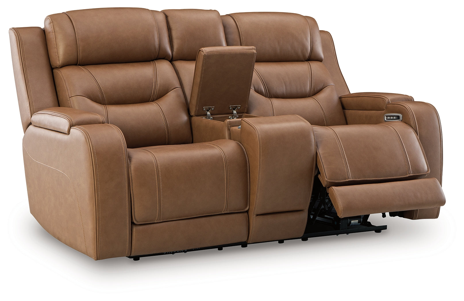 Knightington Caramel Leather Power Reclining Loveseat with Audio Seating