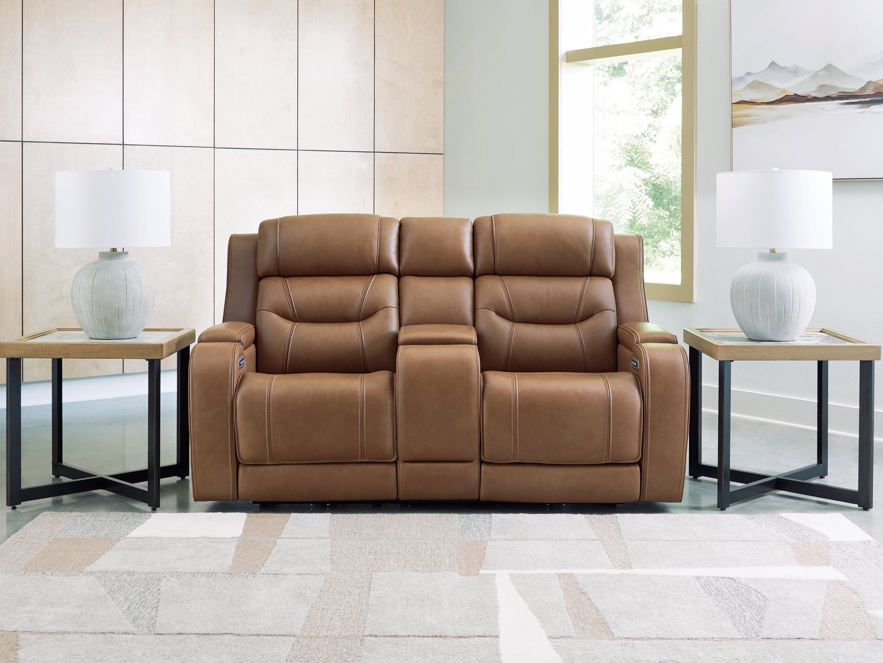 Knightington Caramel Leather Power Reclining Loveseat with Audio Seating
