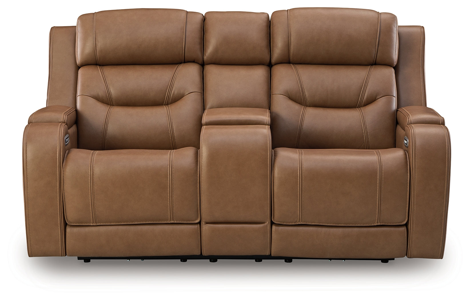 Knightington Caramel Leather Power Reclining Loveseat with Audio Seating