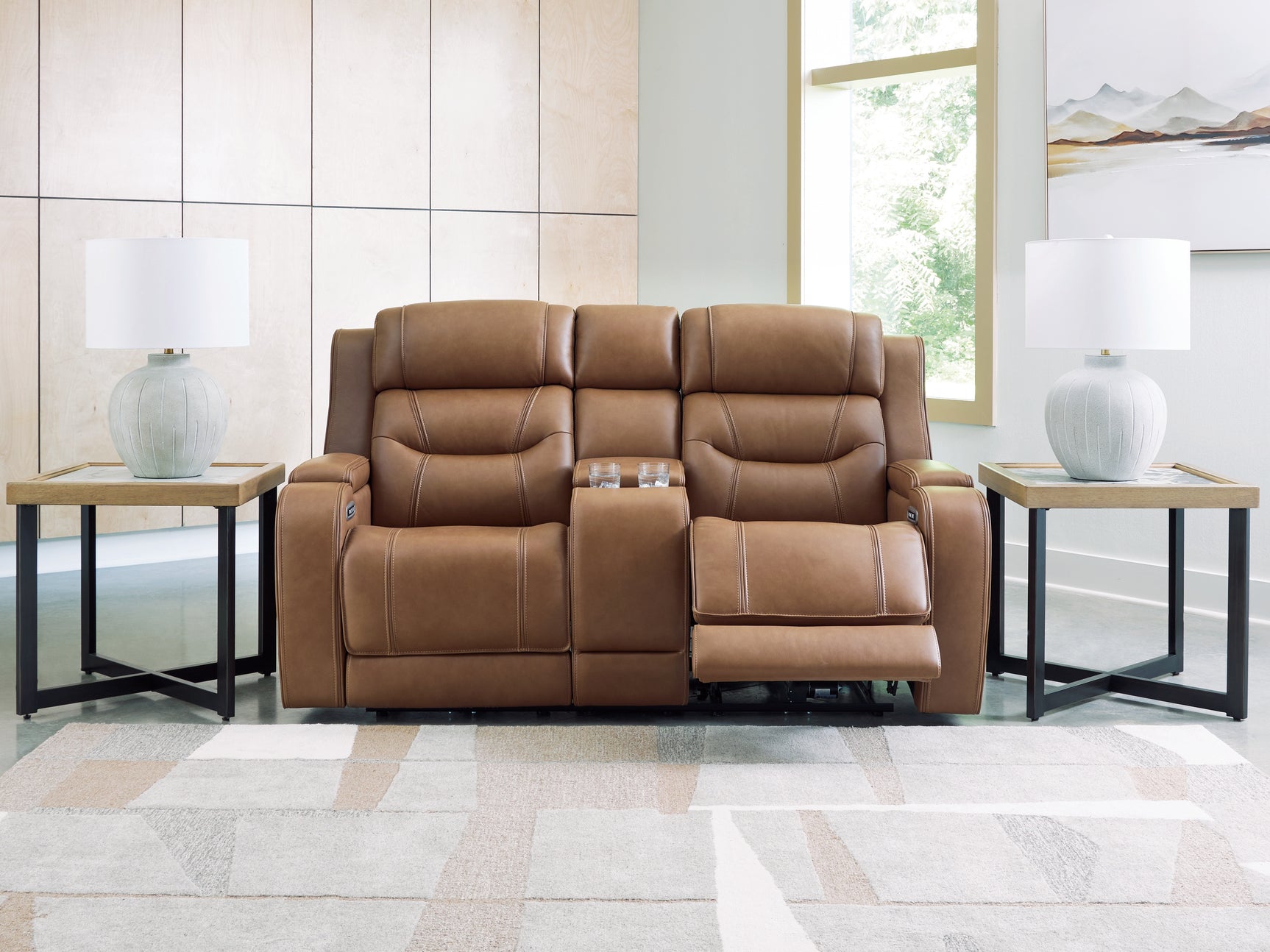 Knightington Caramel Leather Power Reclining Loveseat with Audio Seating