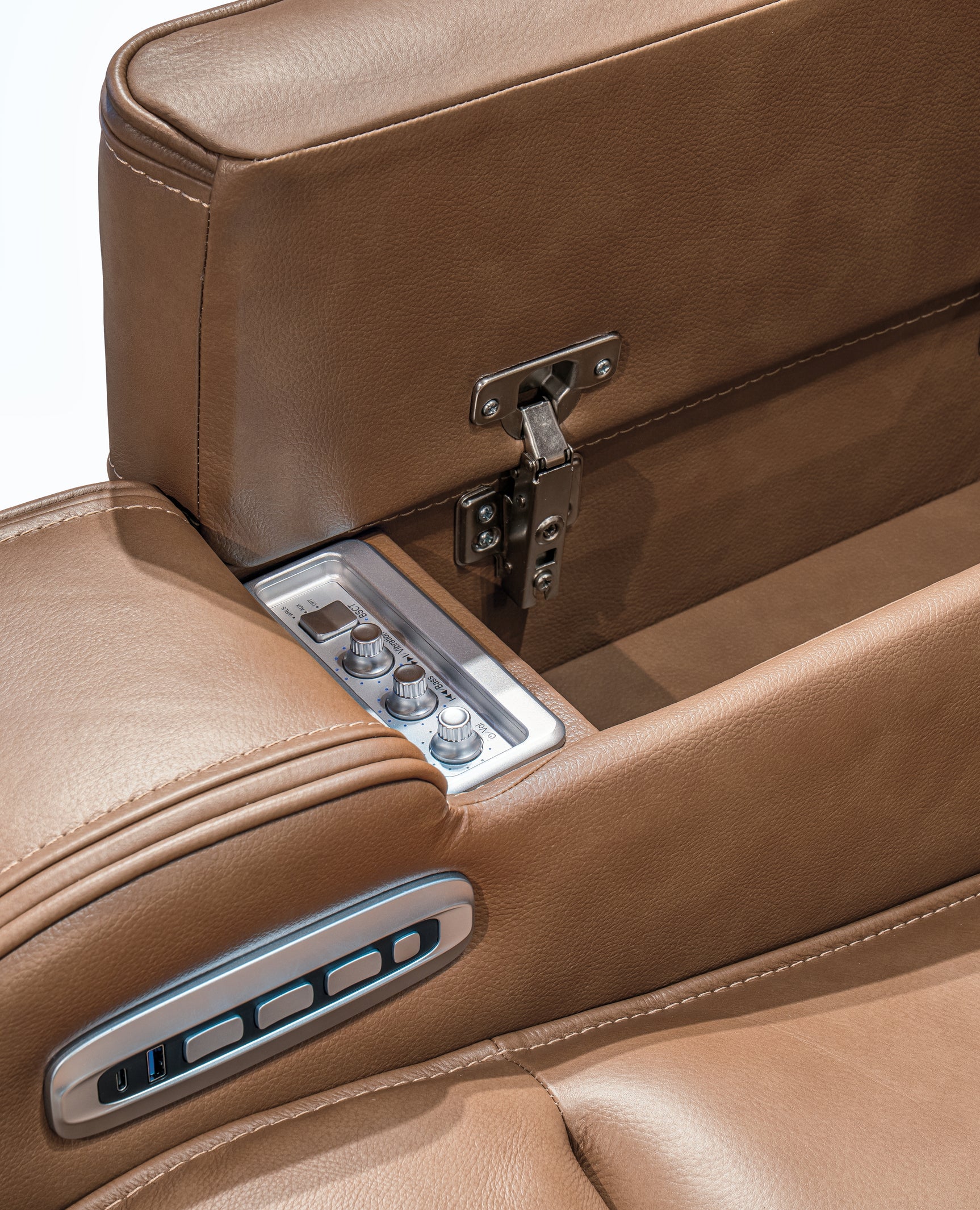 Knightington Caramel Leather Power Reclining Loveseat with Audio Seating
