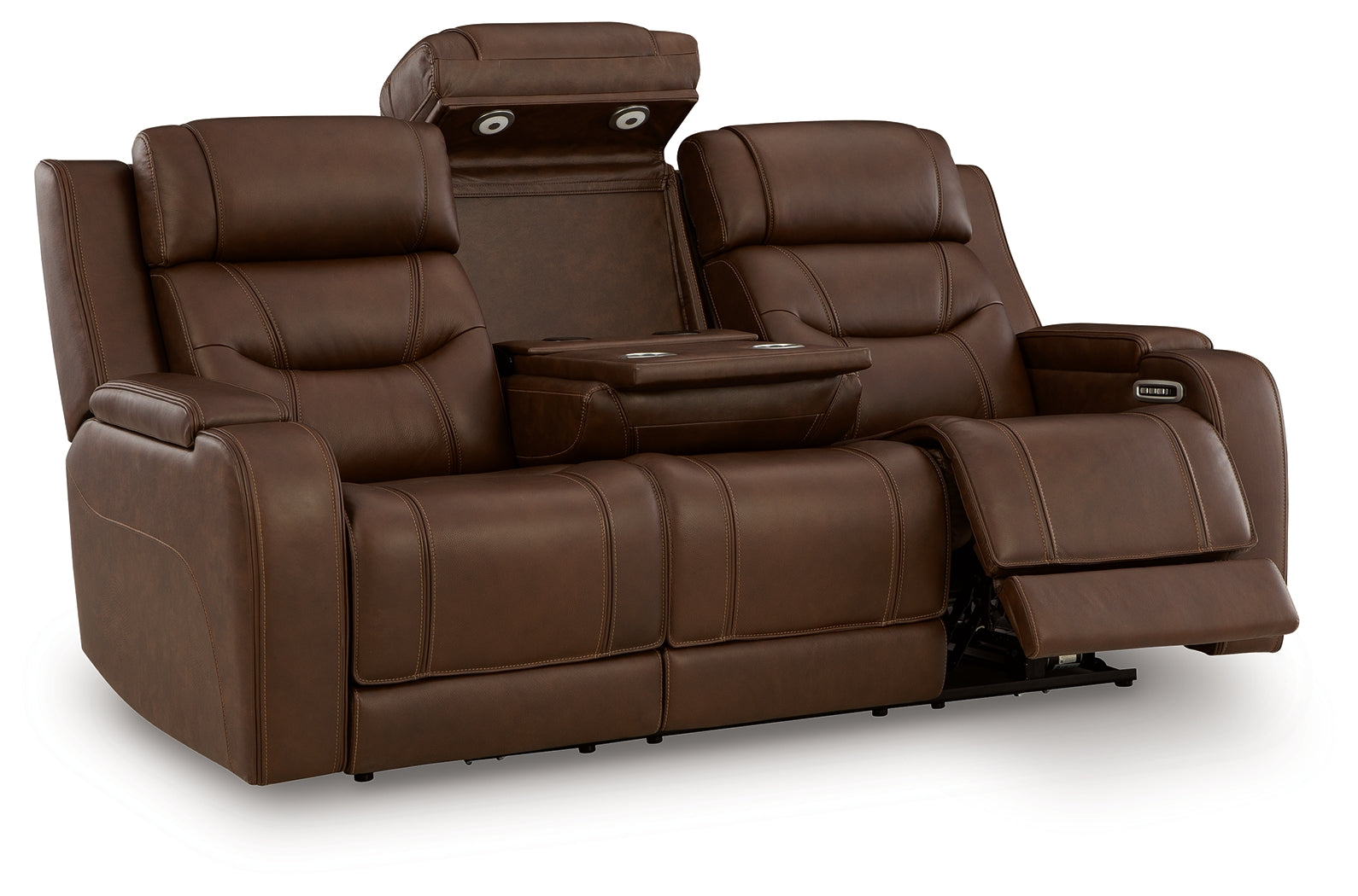 Knightington Brown Leather Power Reclining Sofa with Audio Seating