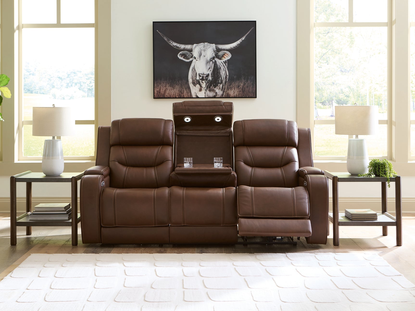 Knightington Brown Leather Power Reclining Sofa with Audio Seating