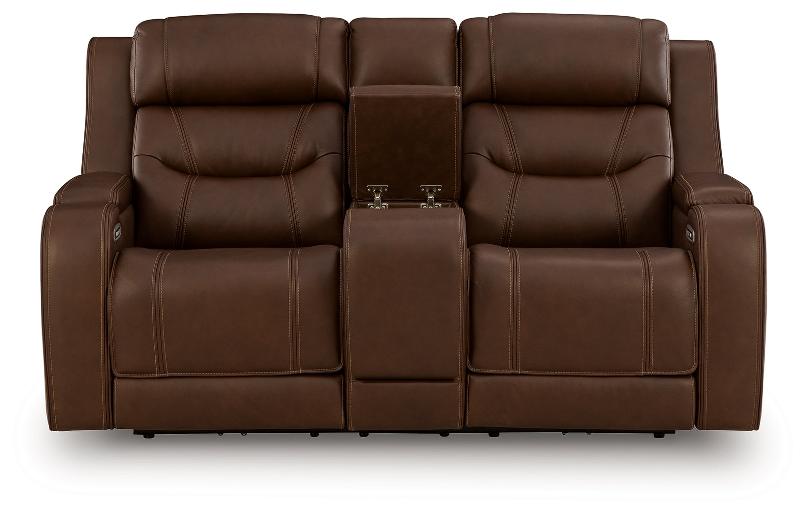 Knightington Brown Leather Power Reclining Loveseat with Audio Seating