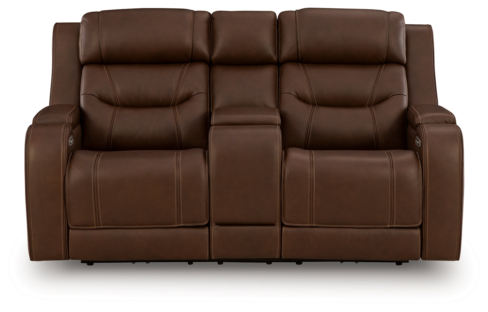 Knightington Brown Leather Power Reclining Loveseat with Audio Seating