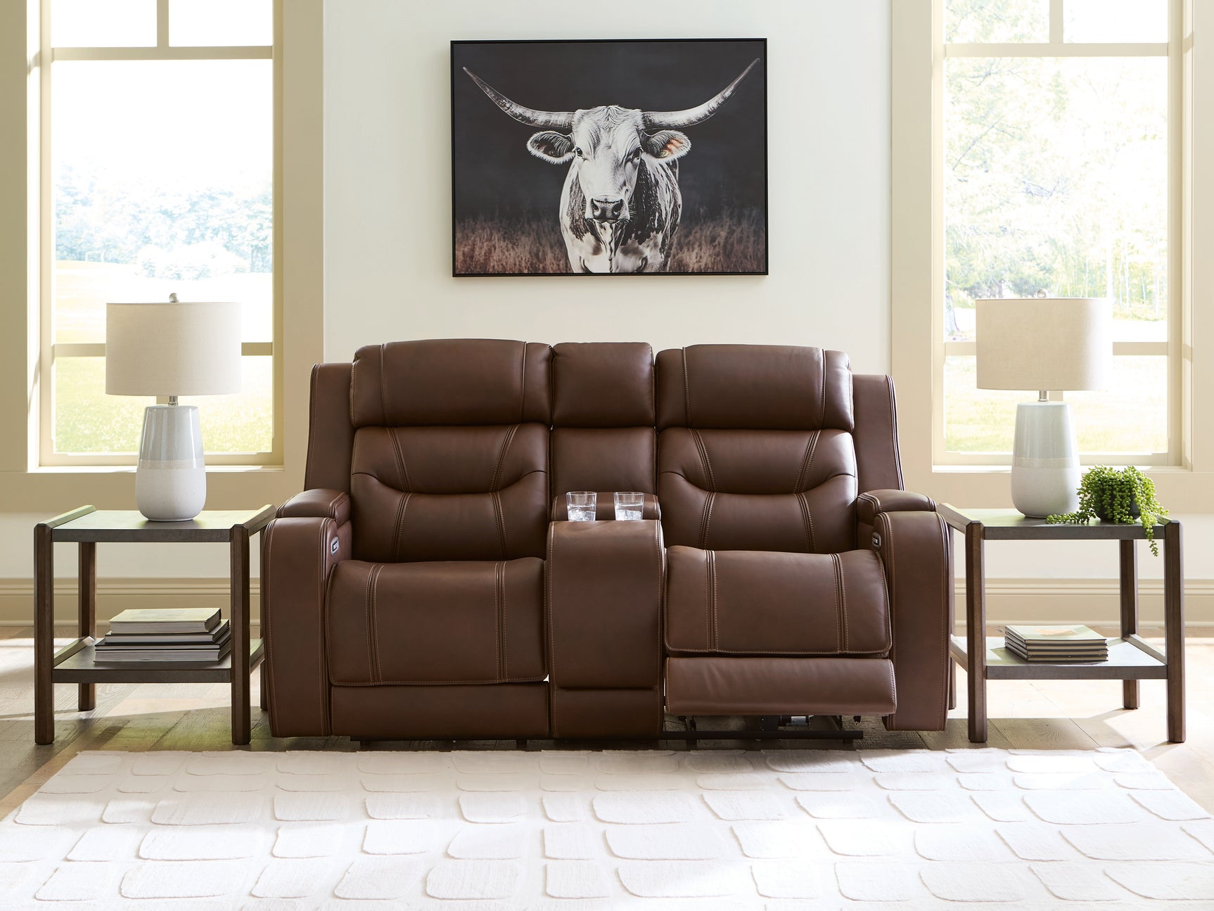 Knightington Brown Leather Power Reclining Loveseat with Audio Seating
