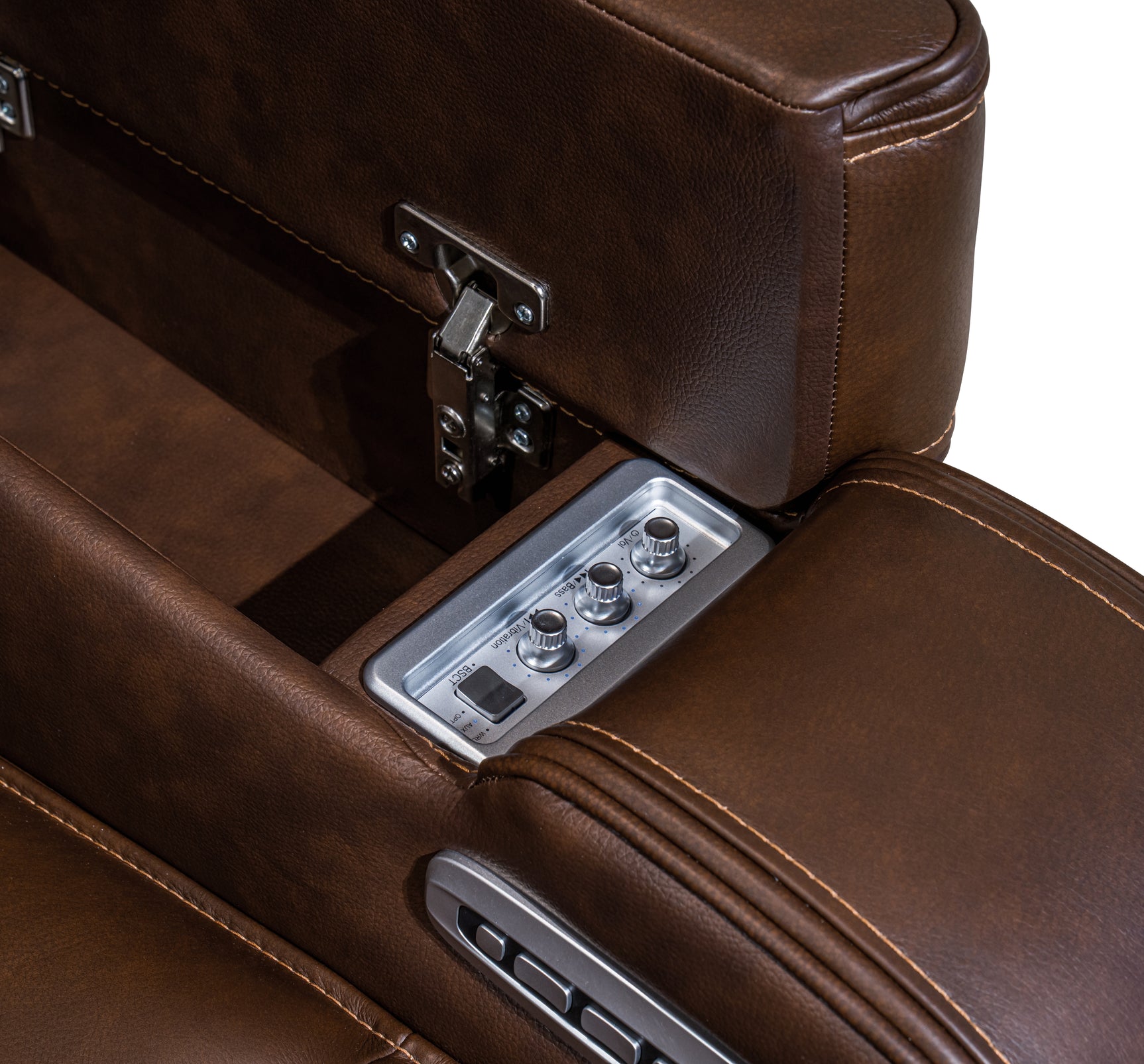 Knightington Brown Leather Power Recliner with Audio Seating