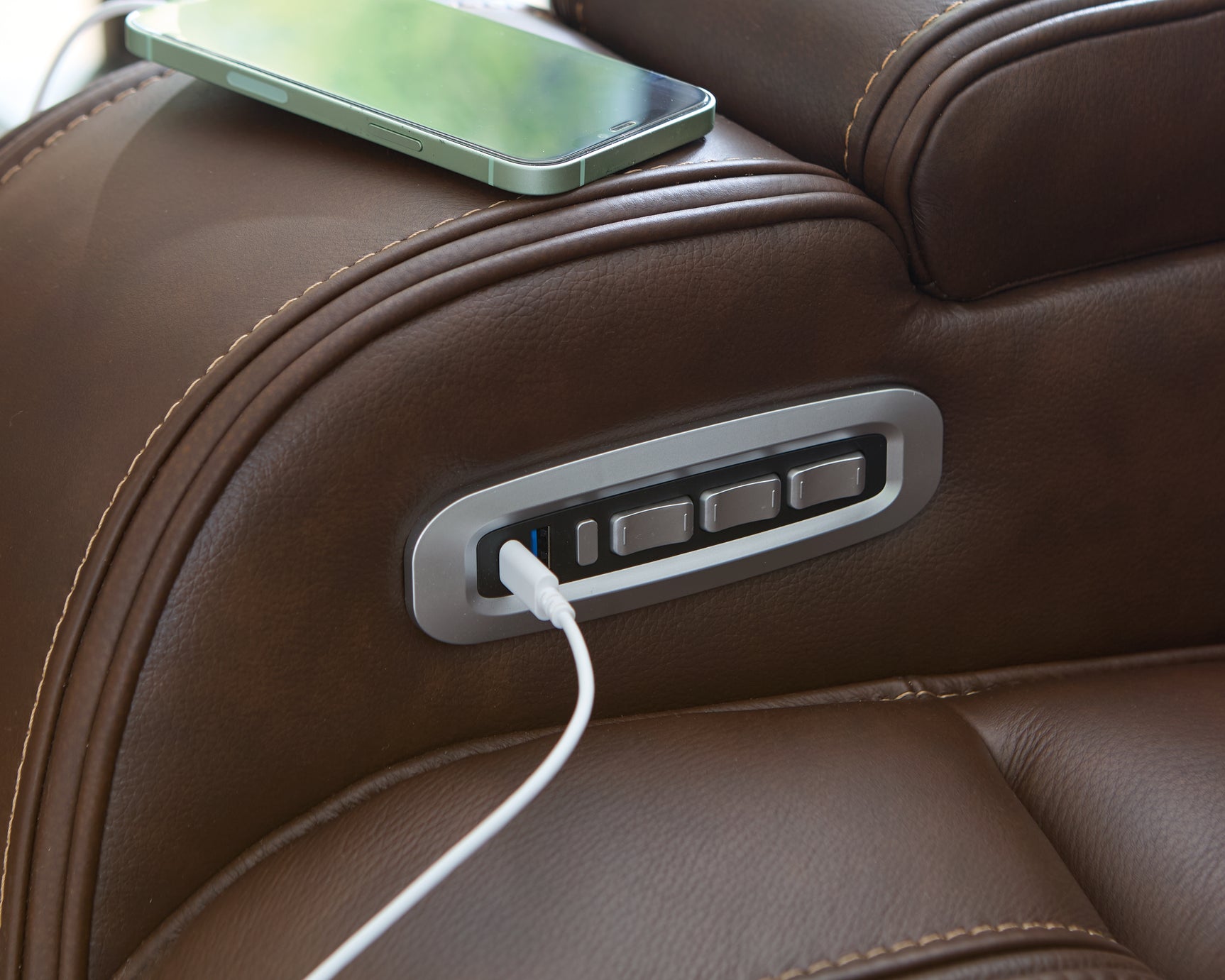 Knightington Brown Leather Power Reclining Sofa with Audio Seating