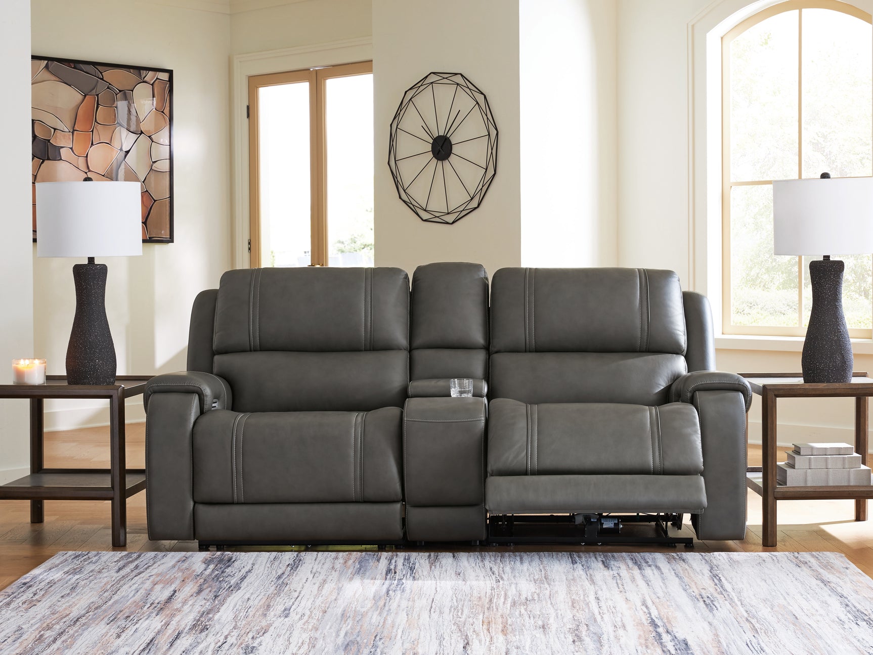 5Z - Pittson Anchor Leather 3-Piece Power Reclining Sectional Loveseat with Console