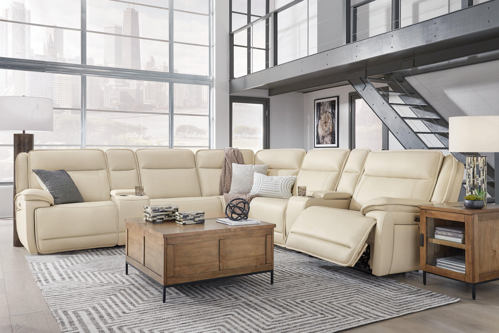 Double Deal Almond 7-Piece Reclining Sectional with 2 Consoles