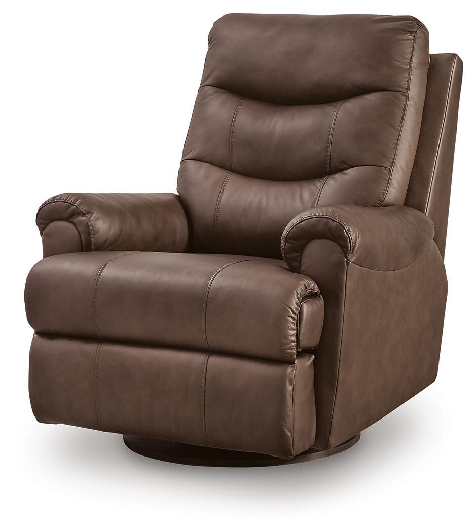 Flynwood Espresso Leather Swivel Glider Recliner from Ella Furniture
