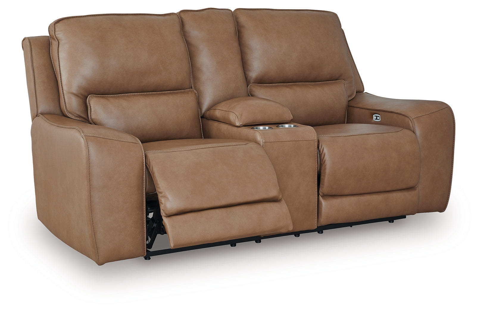 DeepWakes Caramel Leather Power Reclining Loveseat with Console
