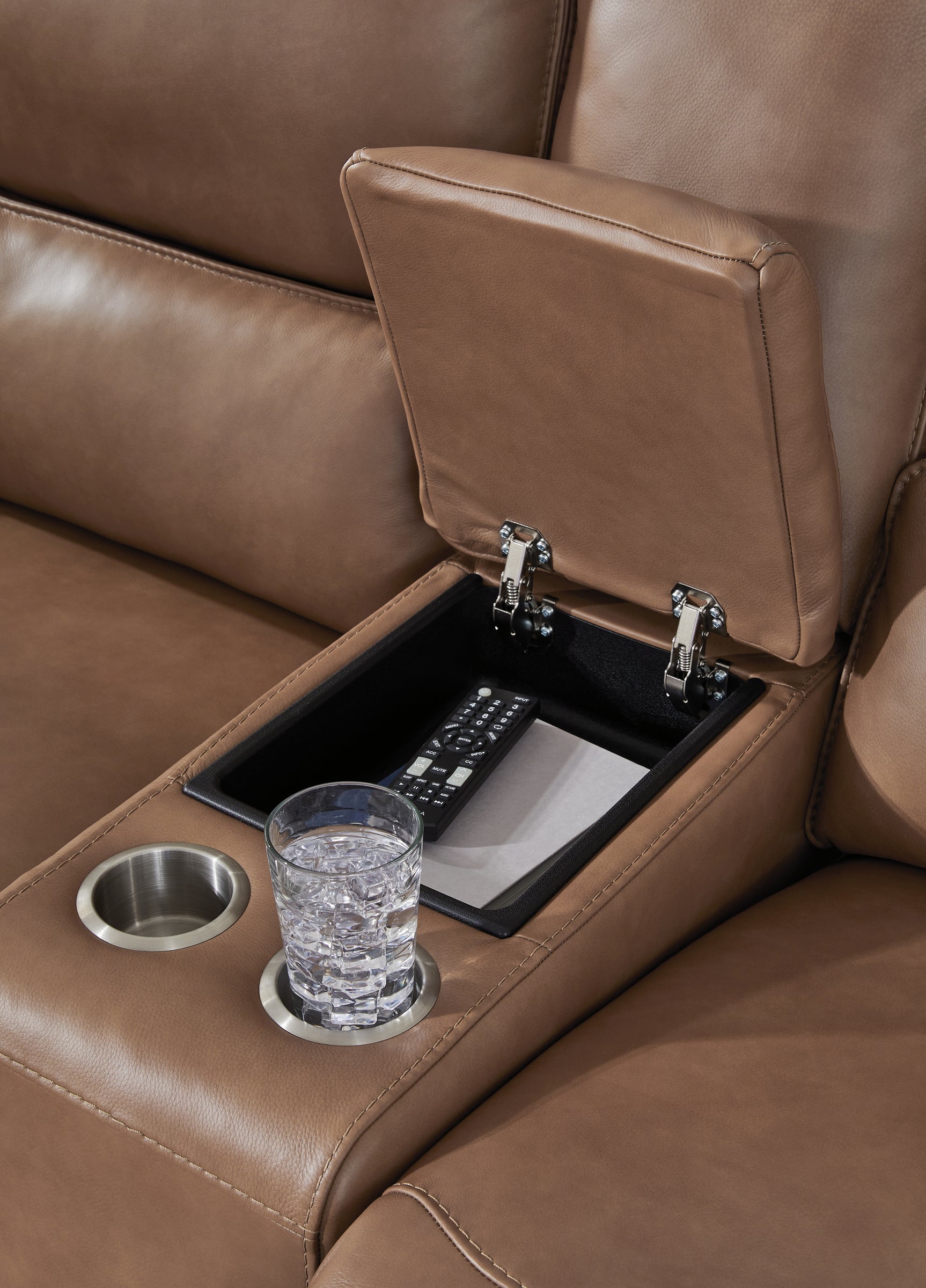 DeepWakes Caramel Leather Power Reclining Loveseat with Console