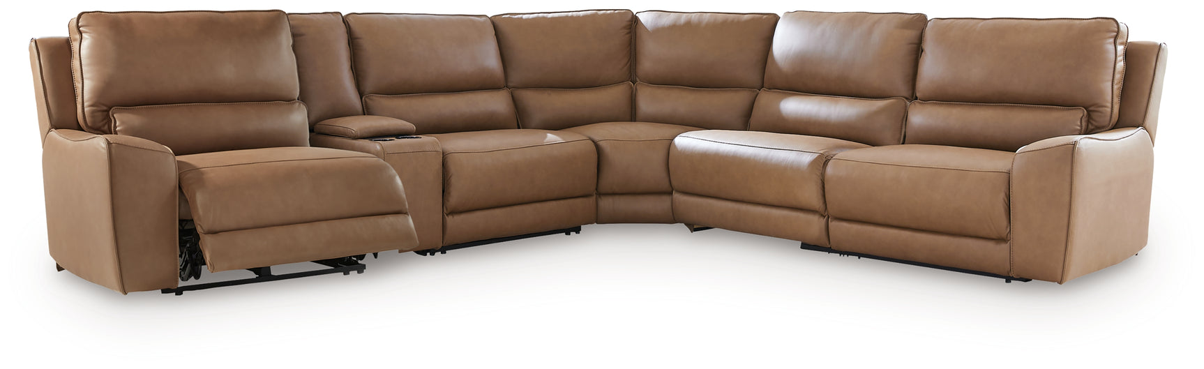 DeepWakes Caramel Leather 6-Piece Reclining Sectional with Storage Console