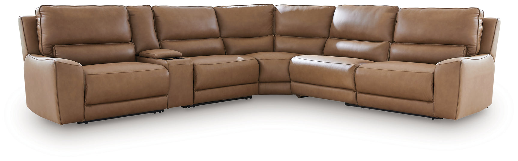 DeepWakes Caramel Leather 6-Piece Reclining Sectional with Storage Console