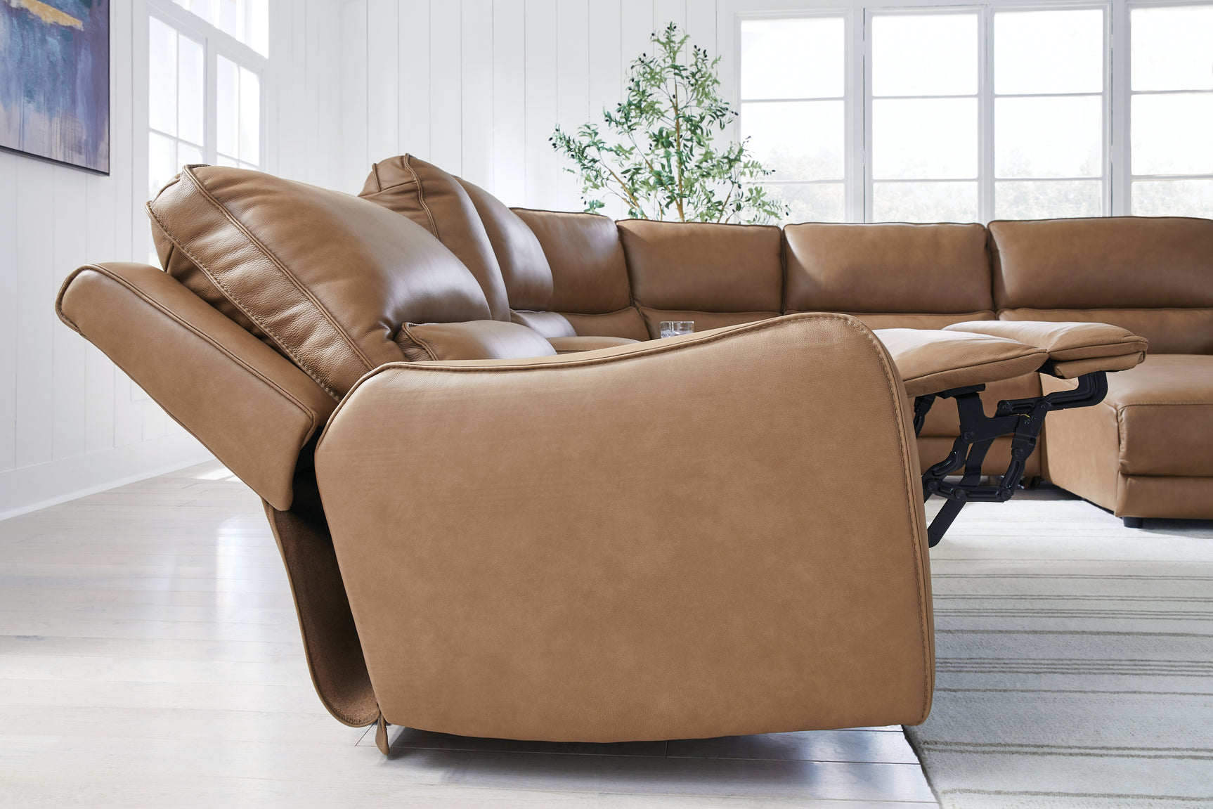 DeepWakes Caramel Leather 6-Piece Power Reclining Sectional with Chaise
