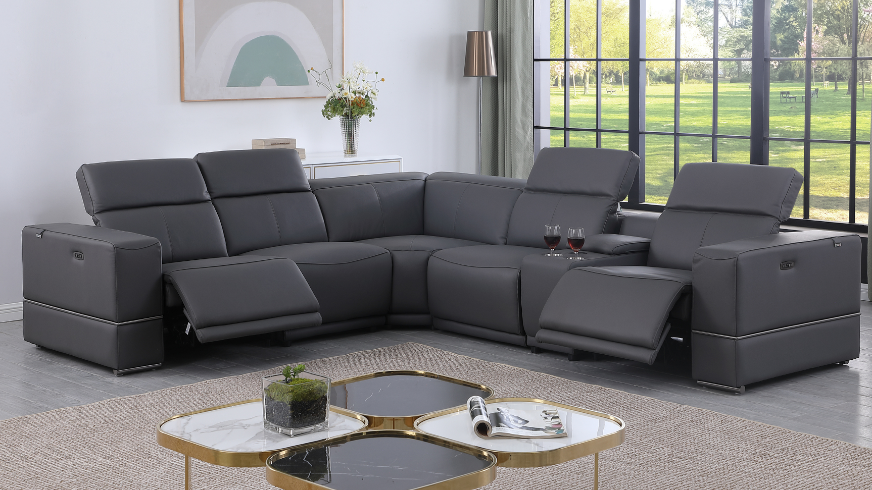 Franco 6-Piece Dark Grey Italian Leather Match Power Reclining Sectional with Storage Console and Cupholders from Ella Furniture