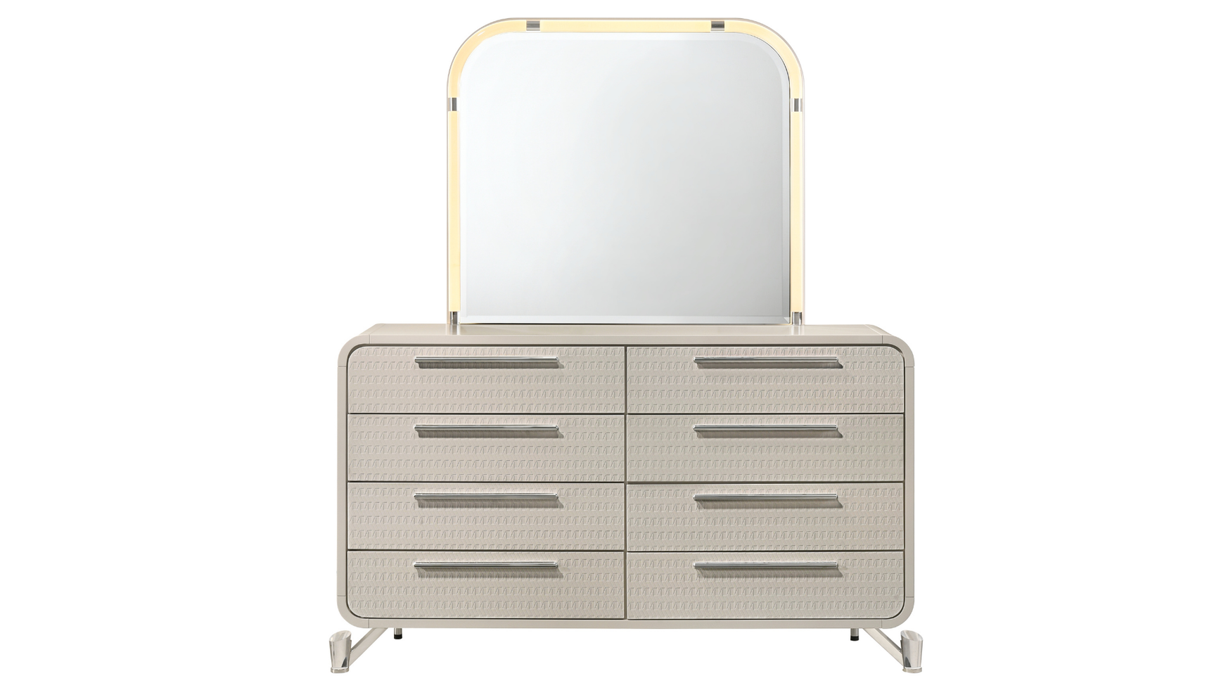 Delilah Beige Upholstered Bedroom Set with LED Mirror and USB Nightstand view 3