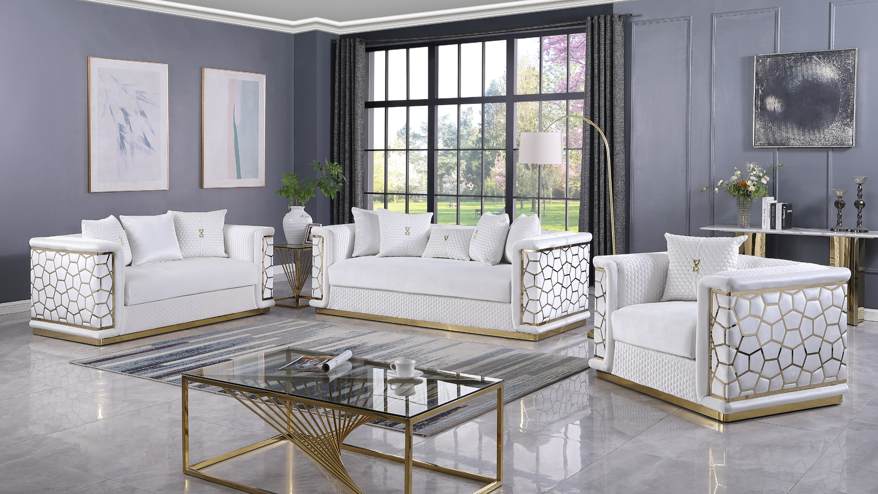 Stella White Sofa, Loveseat, and Chair Set with Pillows Included from Ella Furniture