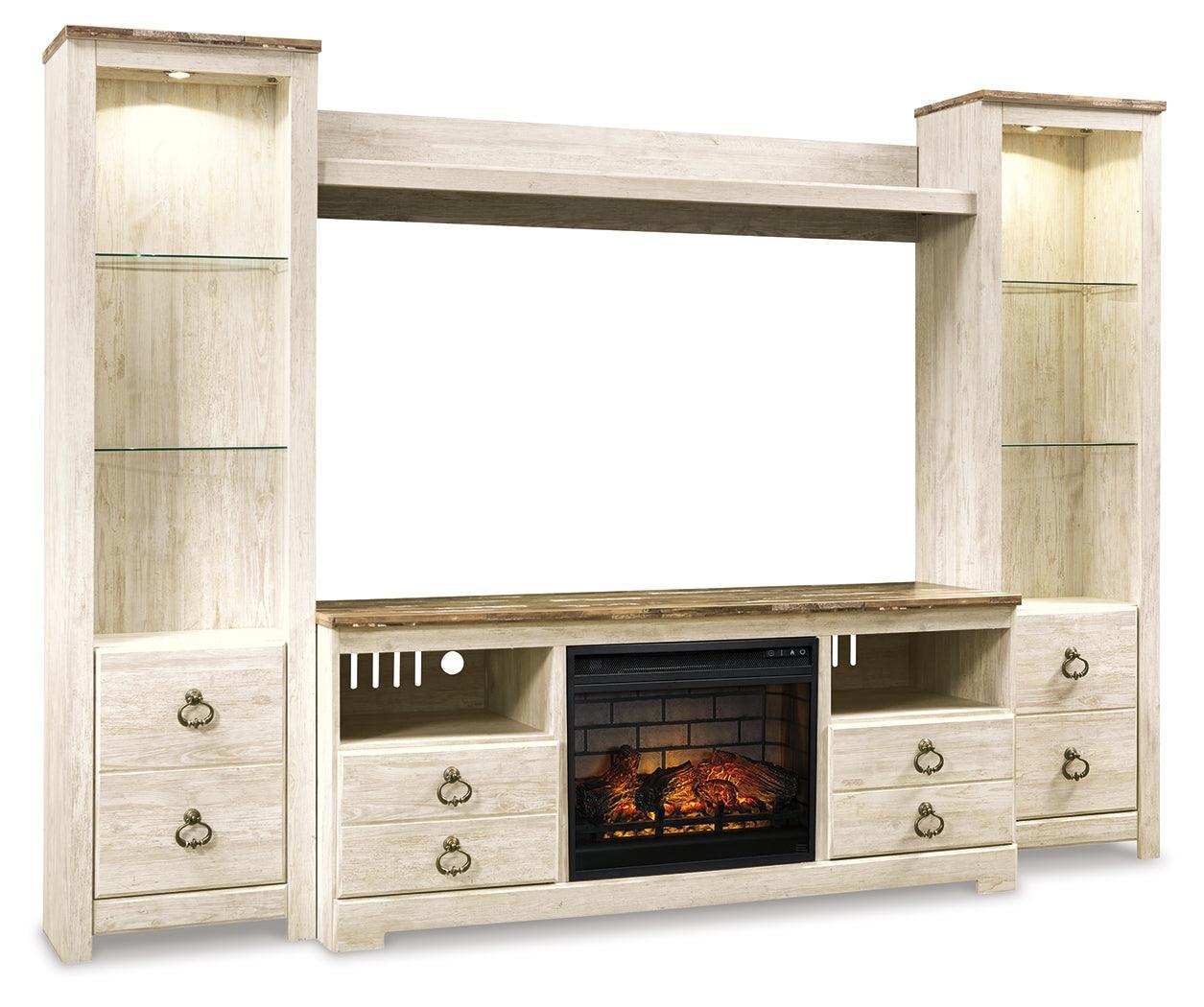 Willowton Whitewash 4-Piece Entertainment Center With Electric Fireplace W267W9 - Ella Furniture