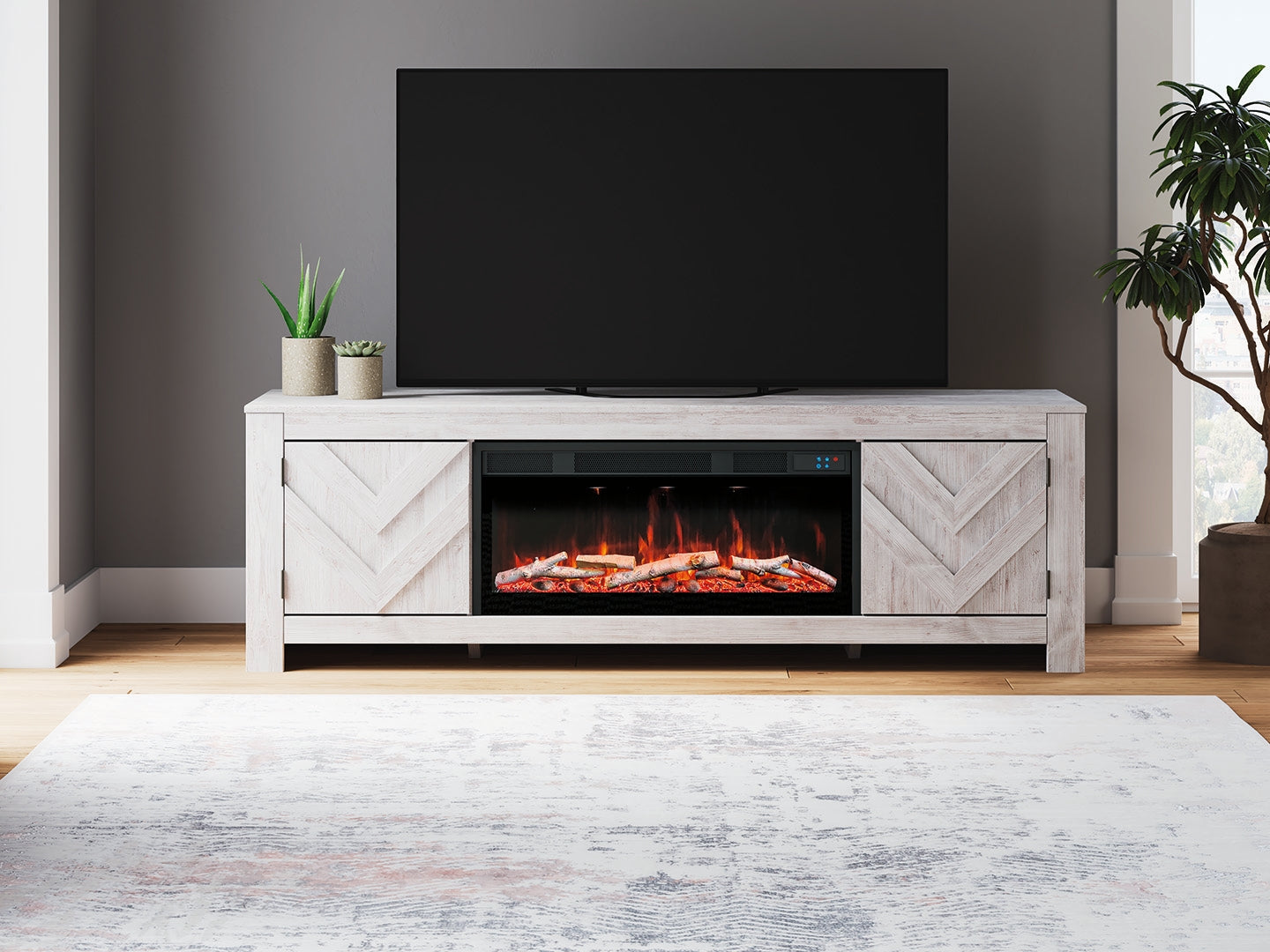 Cayboni Whitewash 71" TV Stand with Electric Fireplace