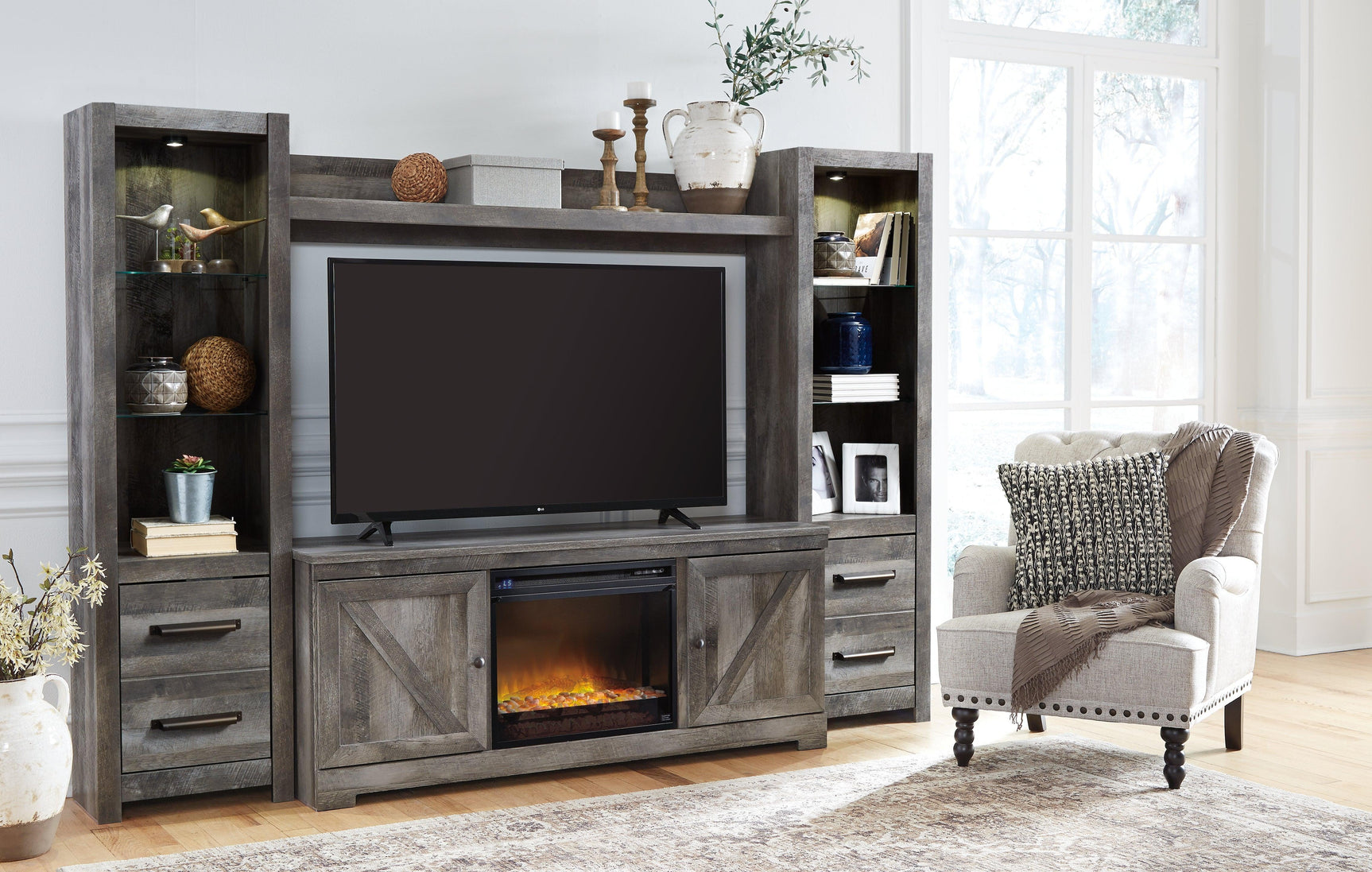 Wynnlow Gray 4-Piece Entertainment Center With Electric Fireplace - Ella Furniture